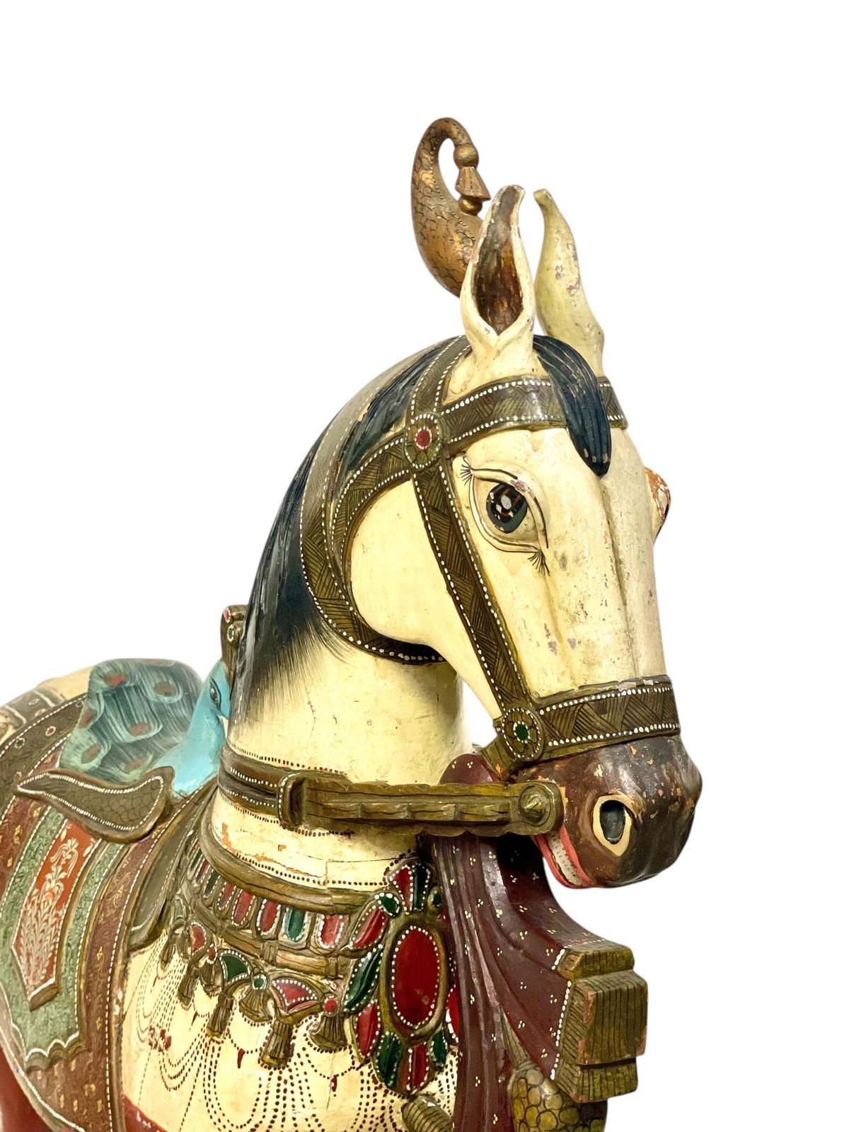 Art Pair Of Large Hand Painted Indian Horses With Peacock Saddles photo