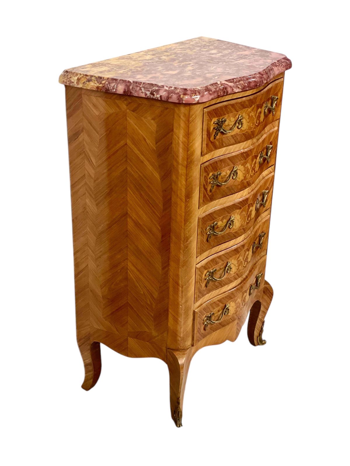 Louis XV Style Marquetry Chiffonnier With Pink Marble Top And Ormolu Mounts photo for sale