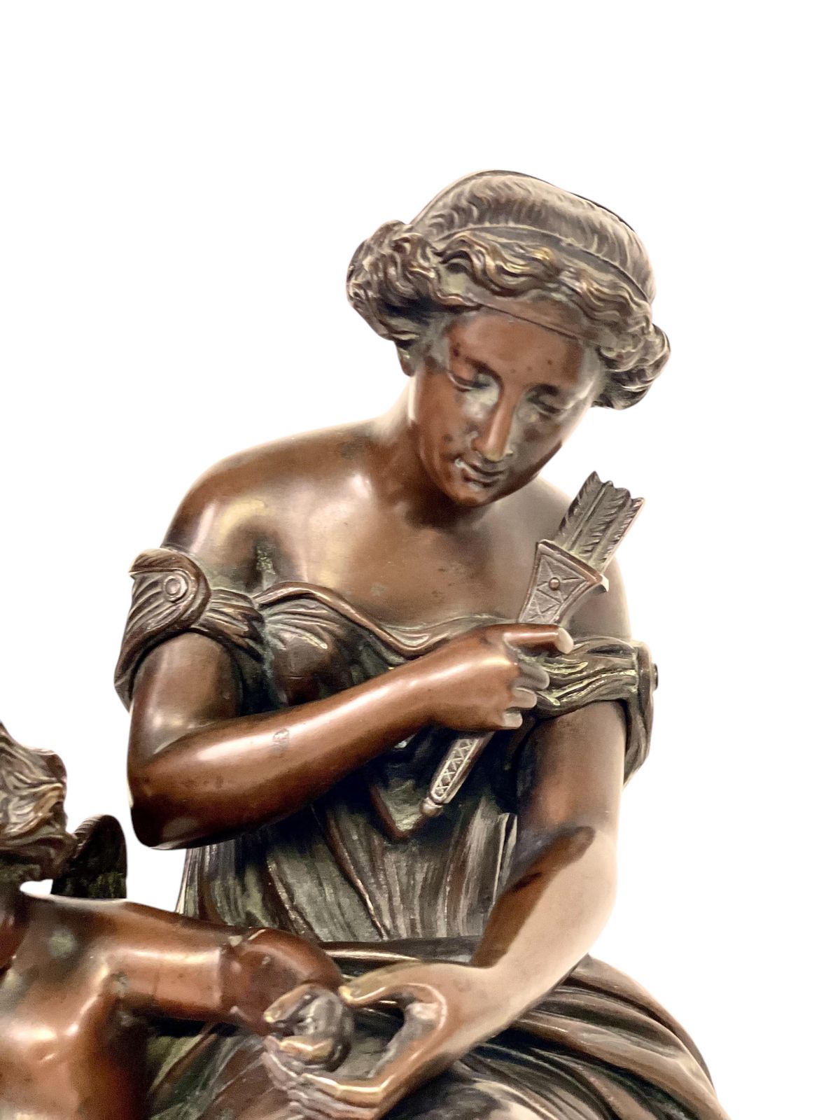 photo for sale 19th Century Bronze Sculpture, Signed Aizelin, Goddess With Cupid
