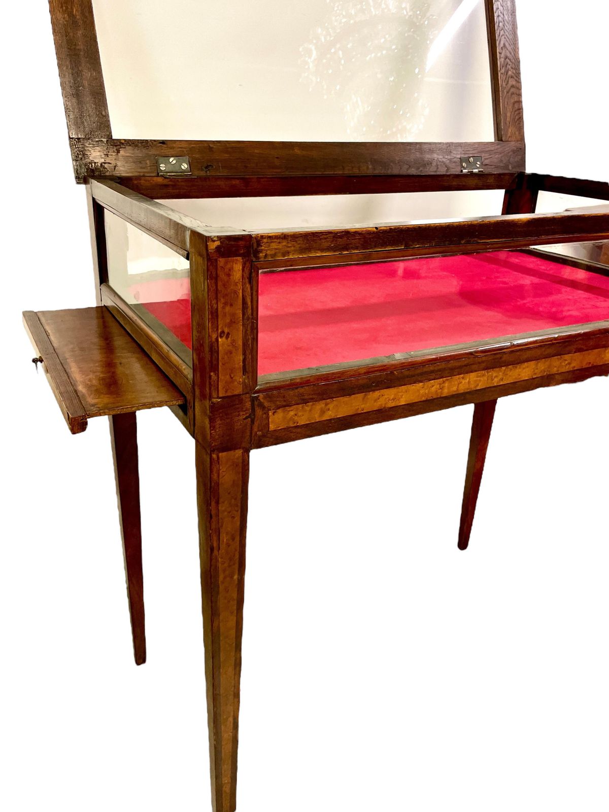 19th Century Walnut Inlaid Glass Display Table With Red Velvet Interior photo vinterior