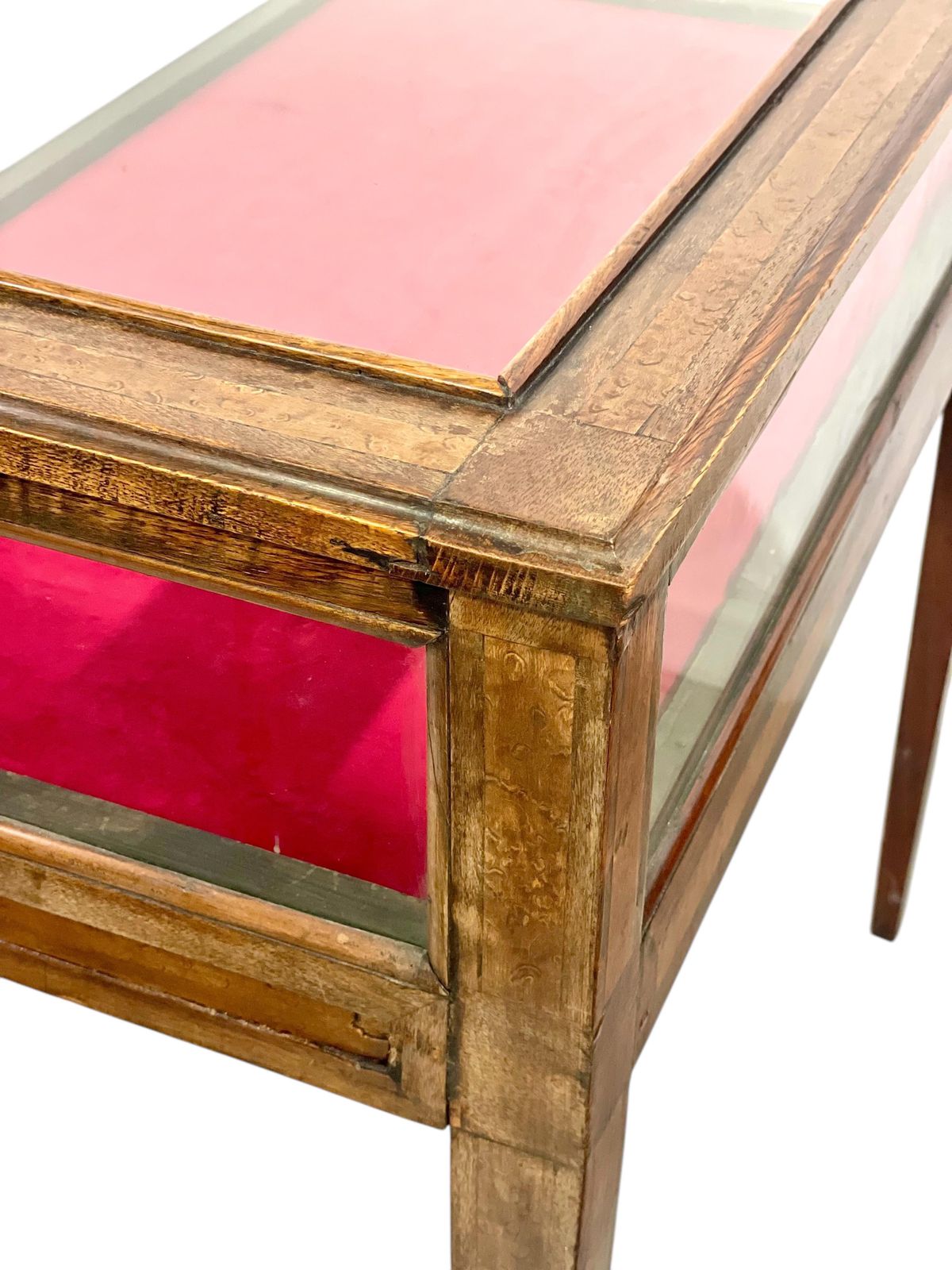 Furniture 19th Century Walnut Inlaid Glass Display Table With Red Velvet Interior photo