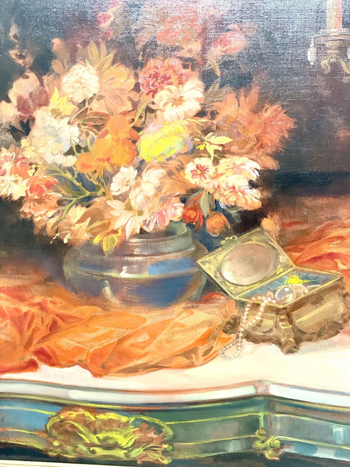 Large Still Life Painting With Flowers, Jewelry And Candelabra photo for sale