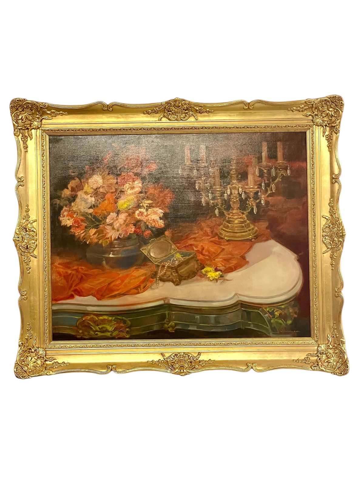 Art Large Still Life Painting With Flowers, Jewelry And Candelabra photo