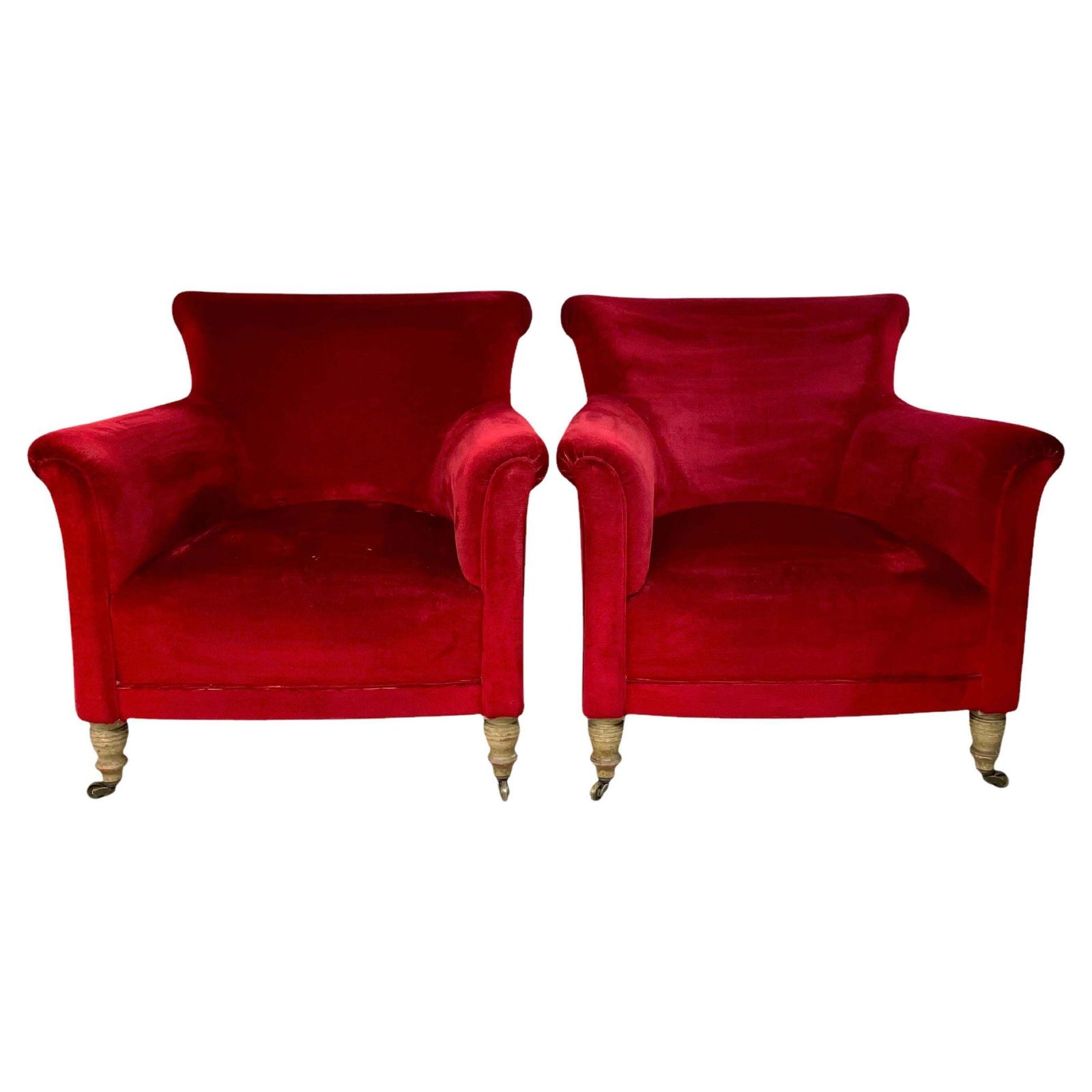 Pair Of Napoleon III Period Crimson Velvet Bergere Chairs With Wheels