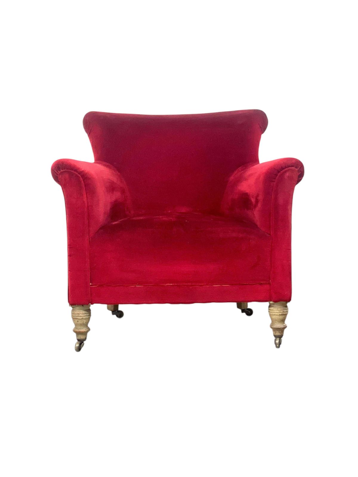 Pair Of Napoleon III Period Crimson Velvet Bergere Chairs With Wheels photo for sale