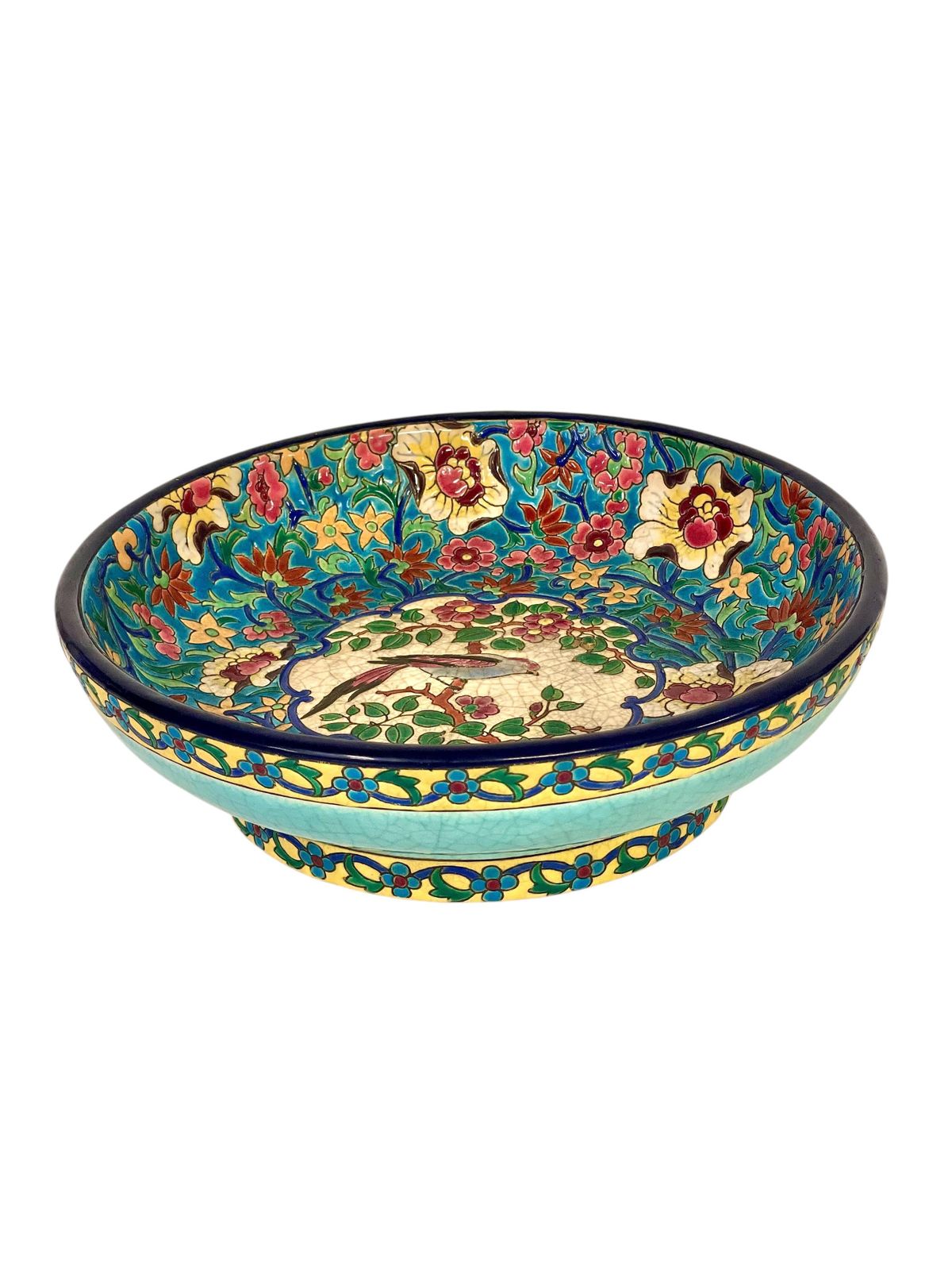 photo for sale 19th Century Longwy Large Enamel Bowl With Floral And Bird Motifs