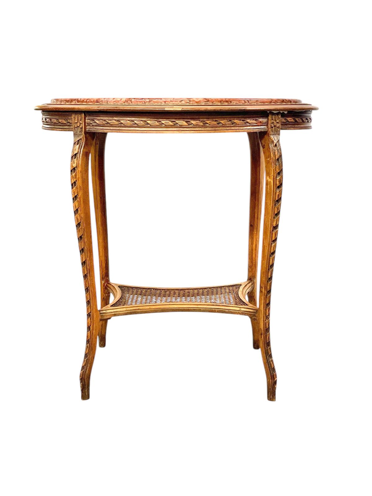 19th Century French Walnut Gueridon With Pink Marble Top And Caned Shelf photo furniture