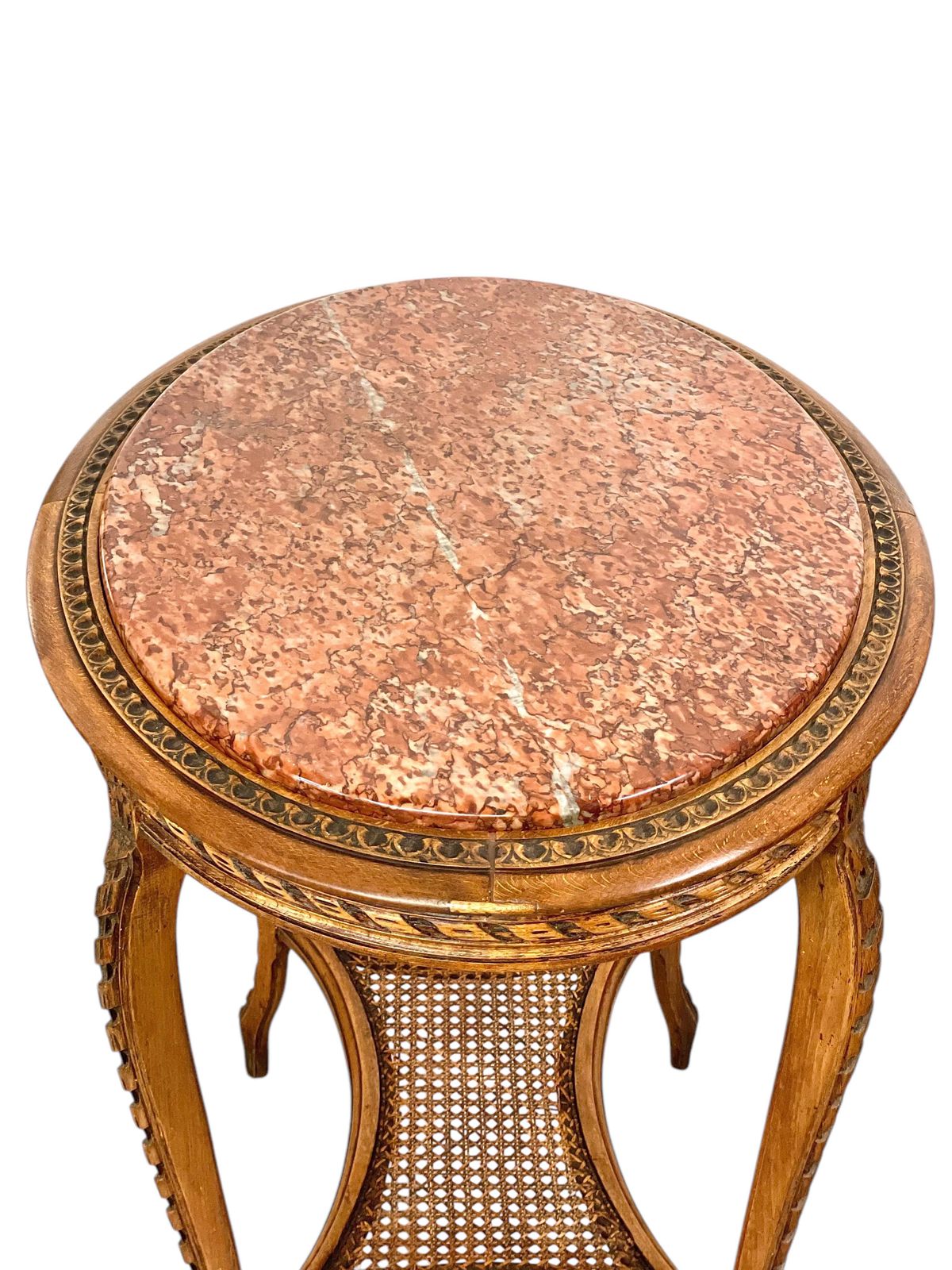 Furniture 19th Century French Walnut Gueridon With Pink Marble Top And Caned Shelf photo