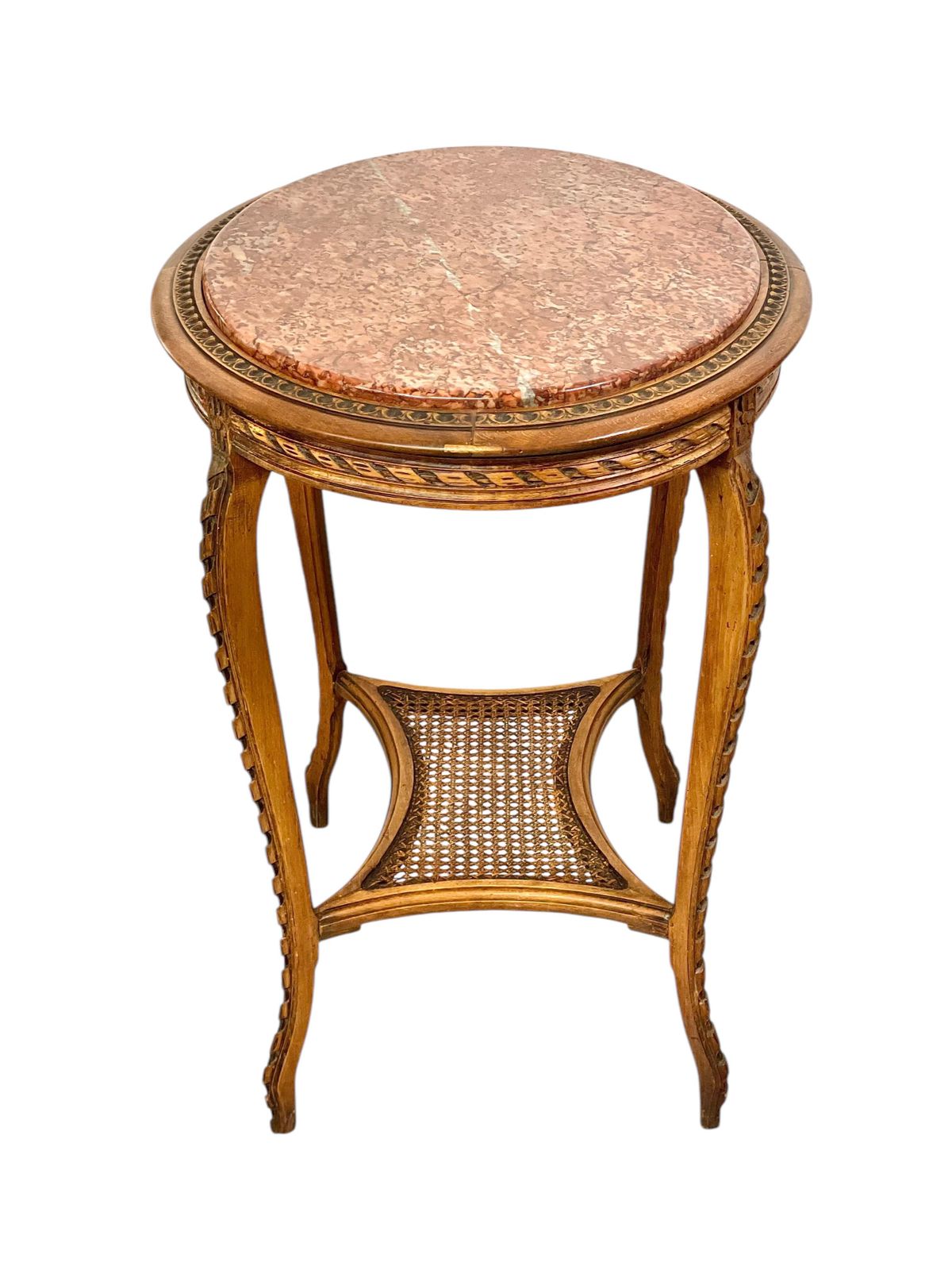 photo buy 19th Century French Walnut Gueridon With Pink Marble Top And Caned Shelf