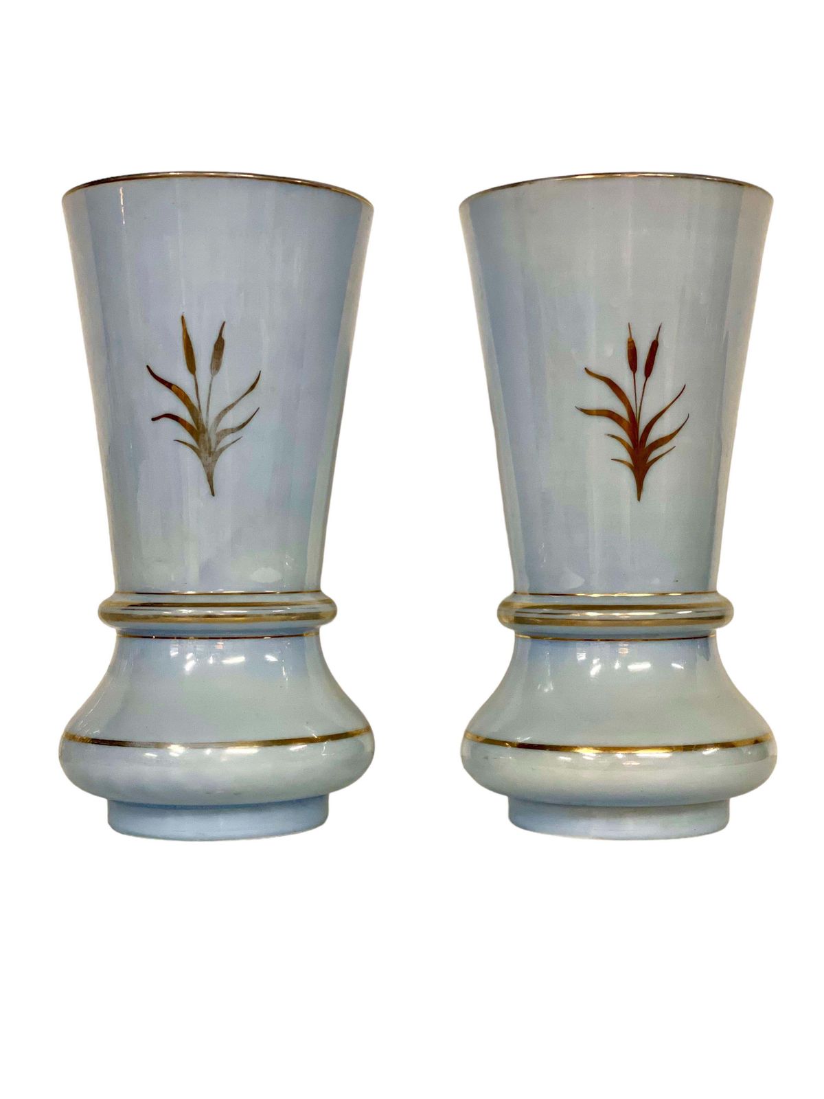 Pair Of Large Gilt And Pale Blue Opaline Vases, Napoleon III Period photo for sale