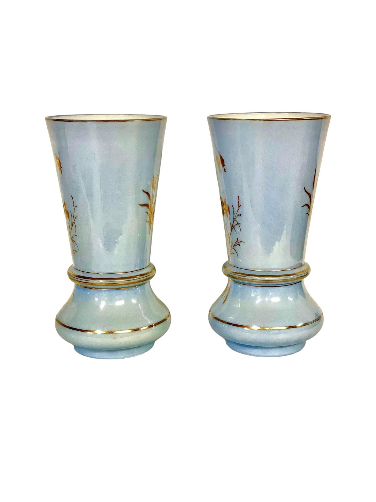 Pair Of Large Gilt And Pale Blue Opaline Vases, Napoleon III Period photo Home Decor