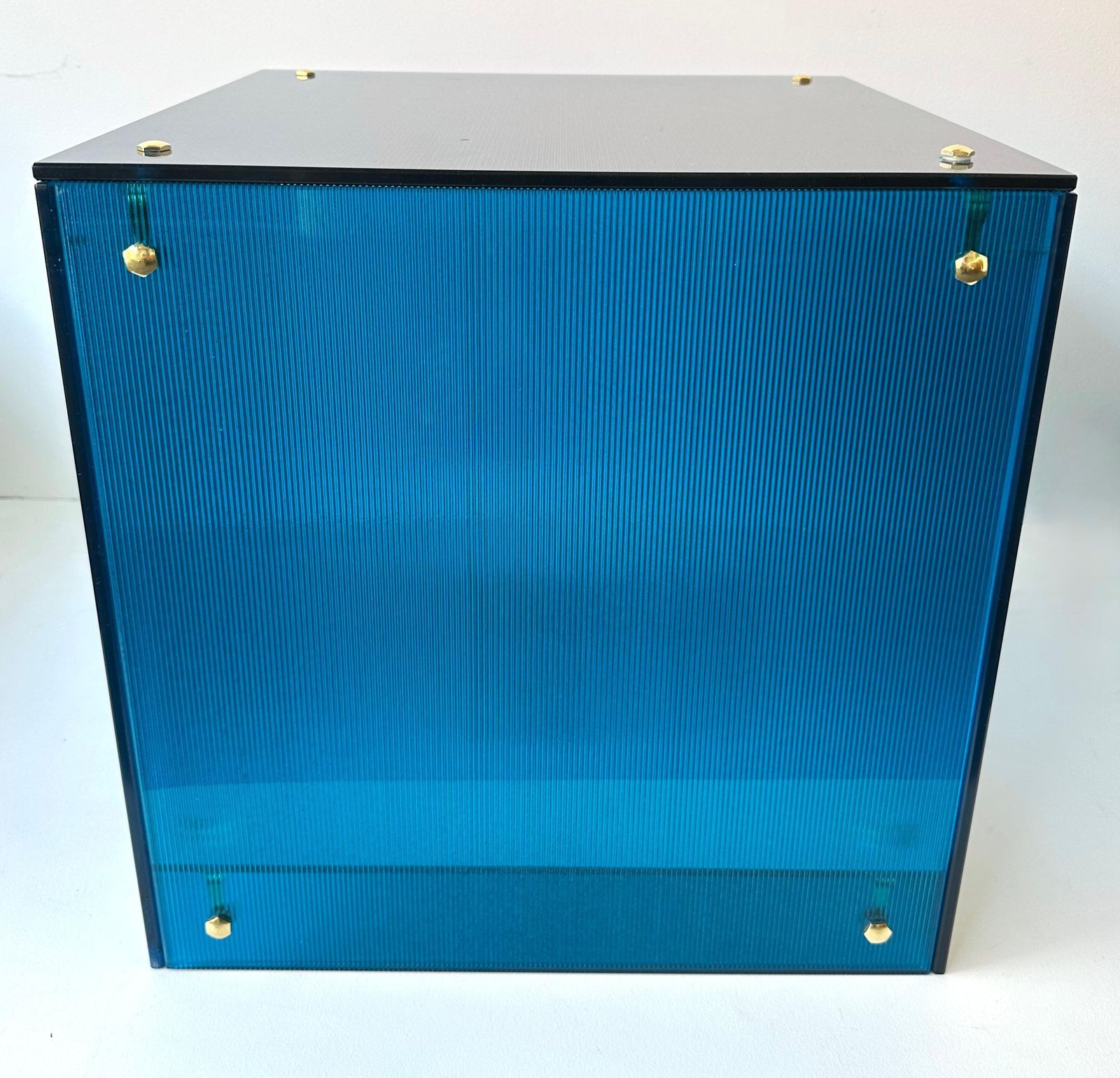 photo for sale Contemporary Cube Lamp Blue Murano Glass And Brass, Italy