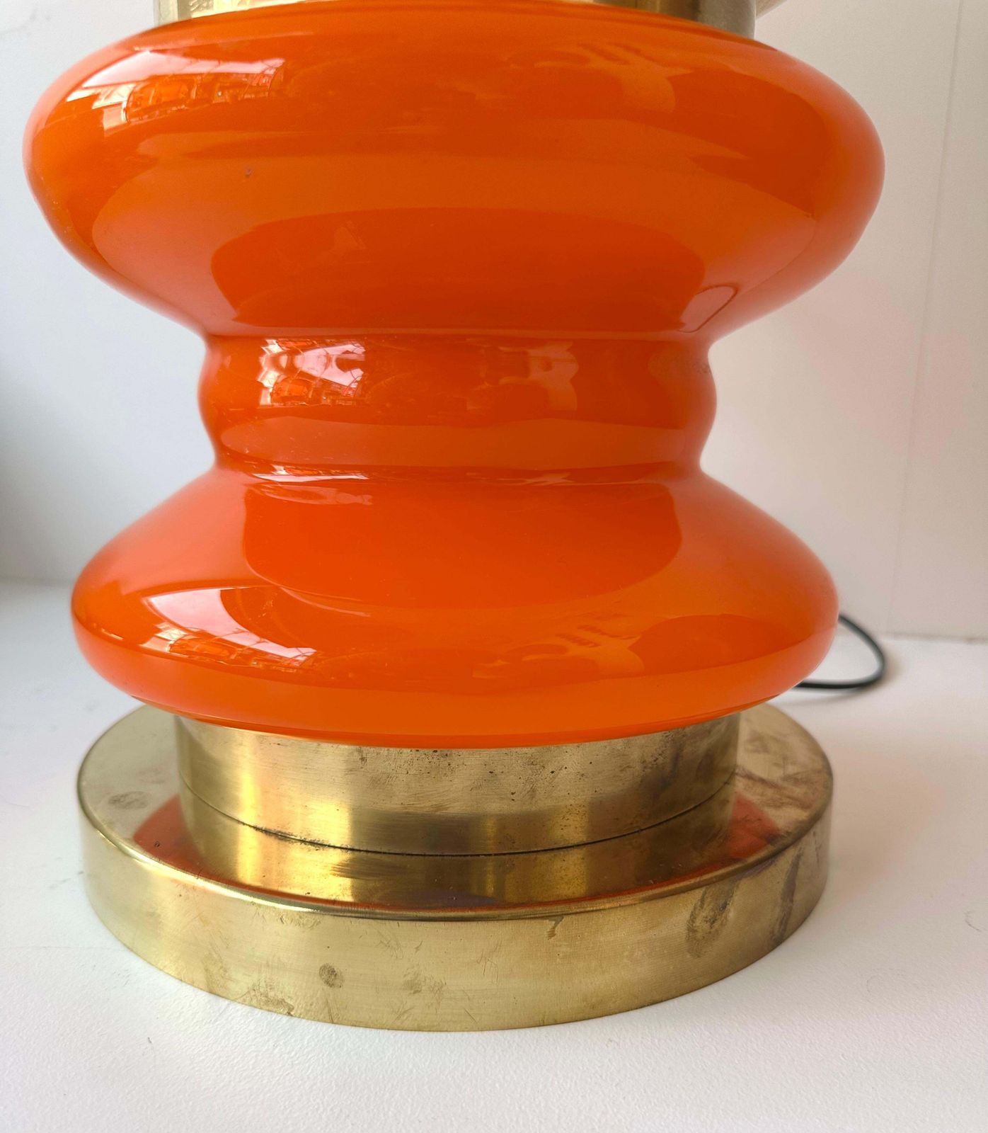 Contemporary Pair Of Brass And Orange Murano Glass Bulbs Lamps, Italy photo buy