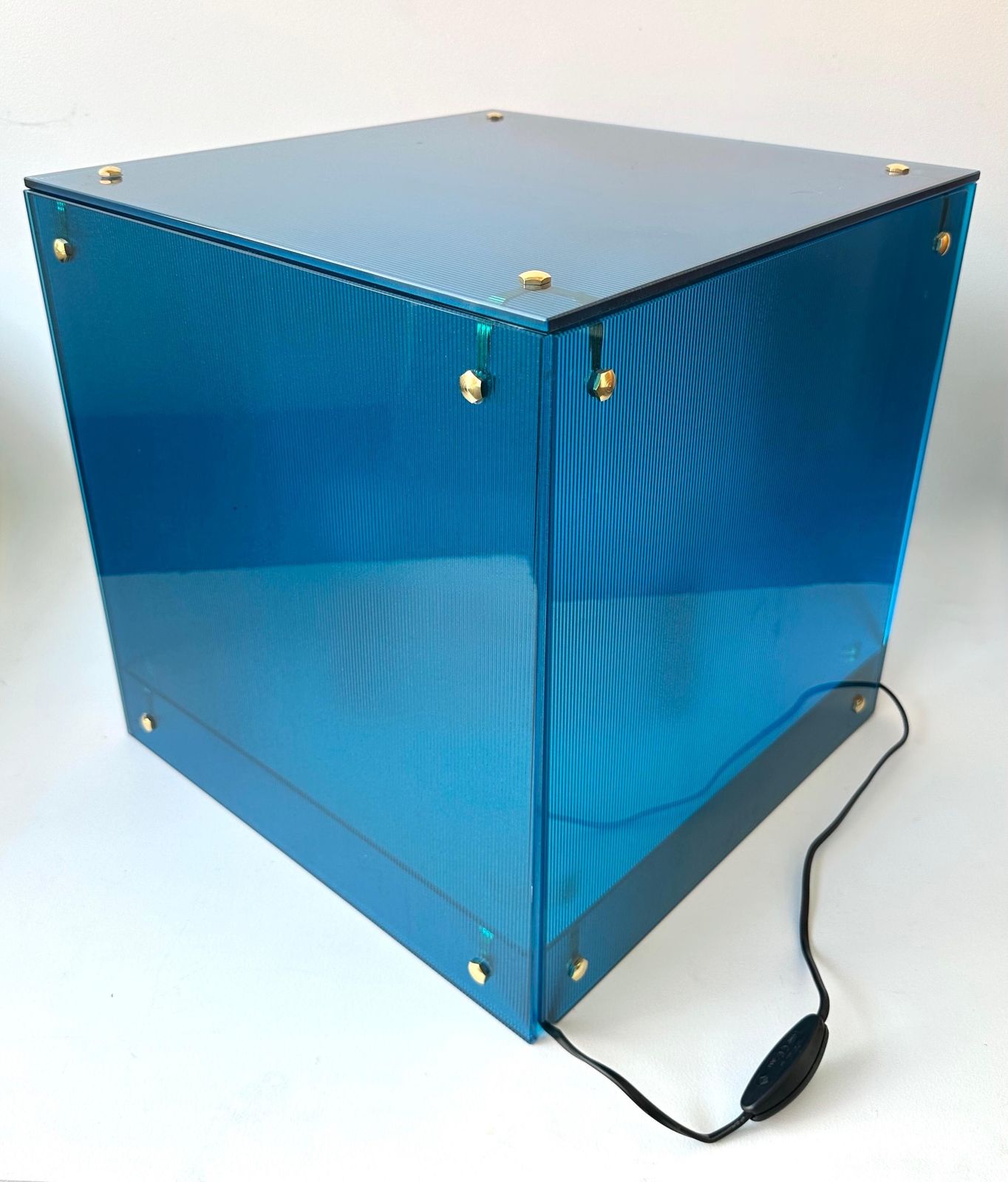 Lighting Contemporary Cube Lamp Blue Murano Glass And Brass, Italy photo