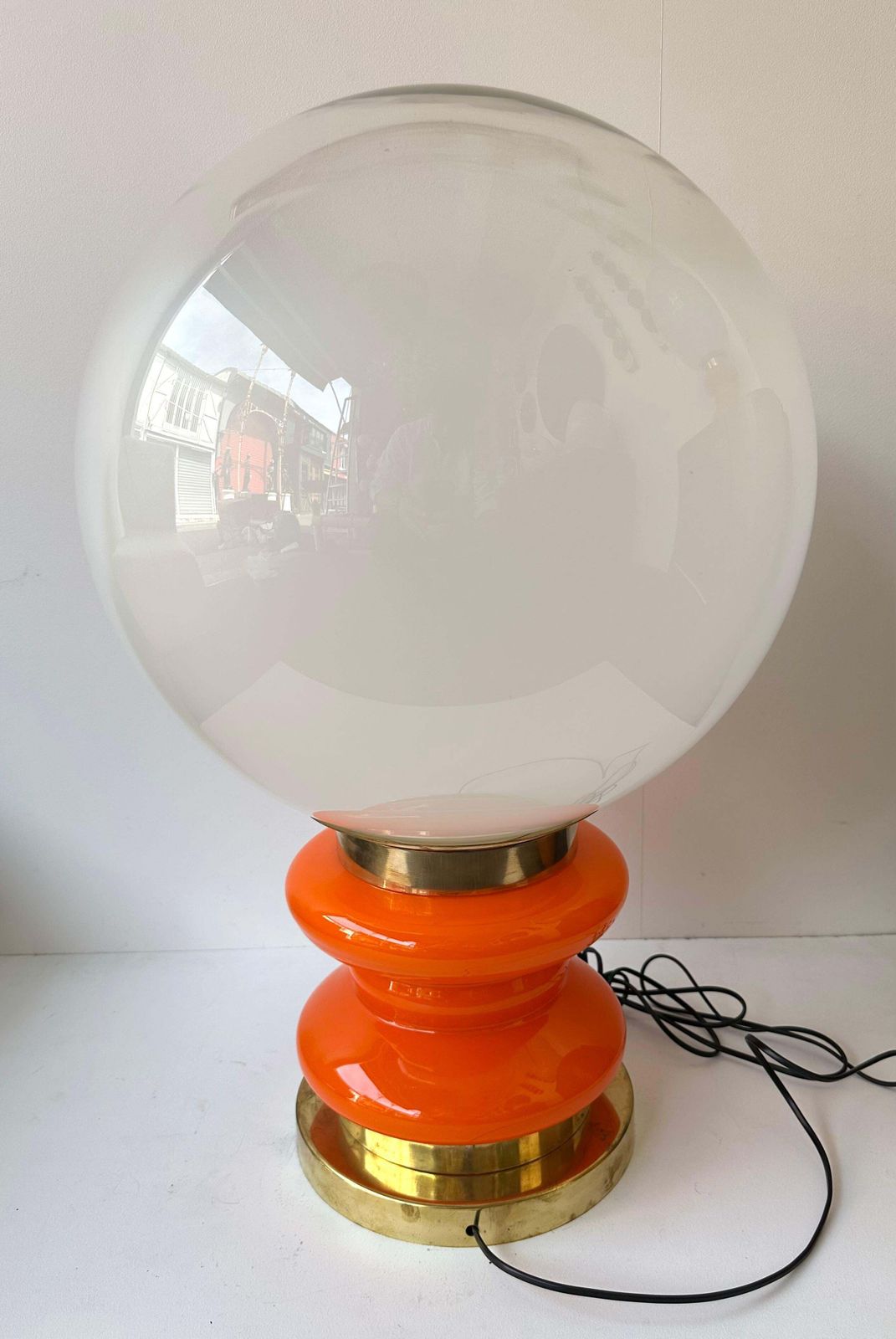 photo furniture Contemporary Pair Of Brass And Orange Murano Glass Bulbs Lamps, Italy
