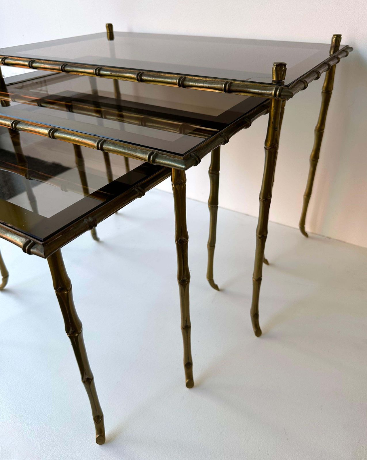Set Of 3 Nesting Tables Bamboo Gilt Bronze By Maison Baguès. France, 1960s photo for sale