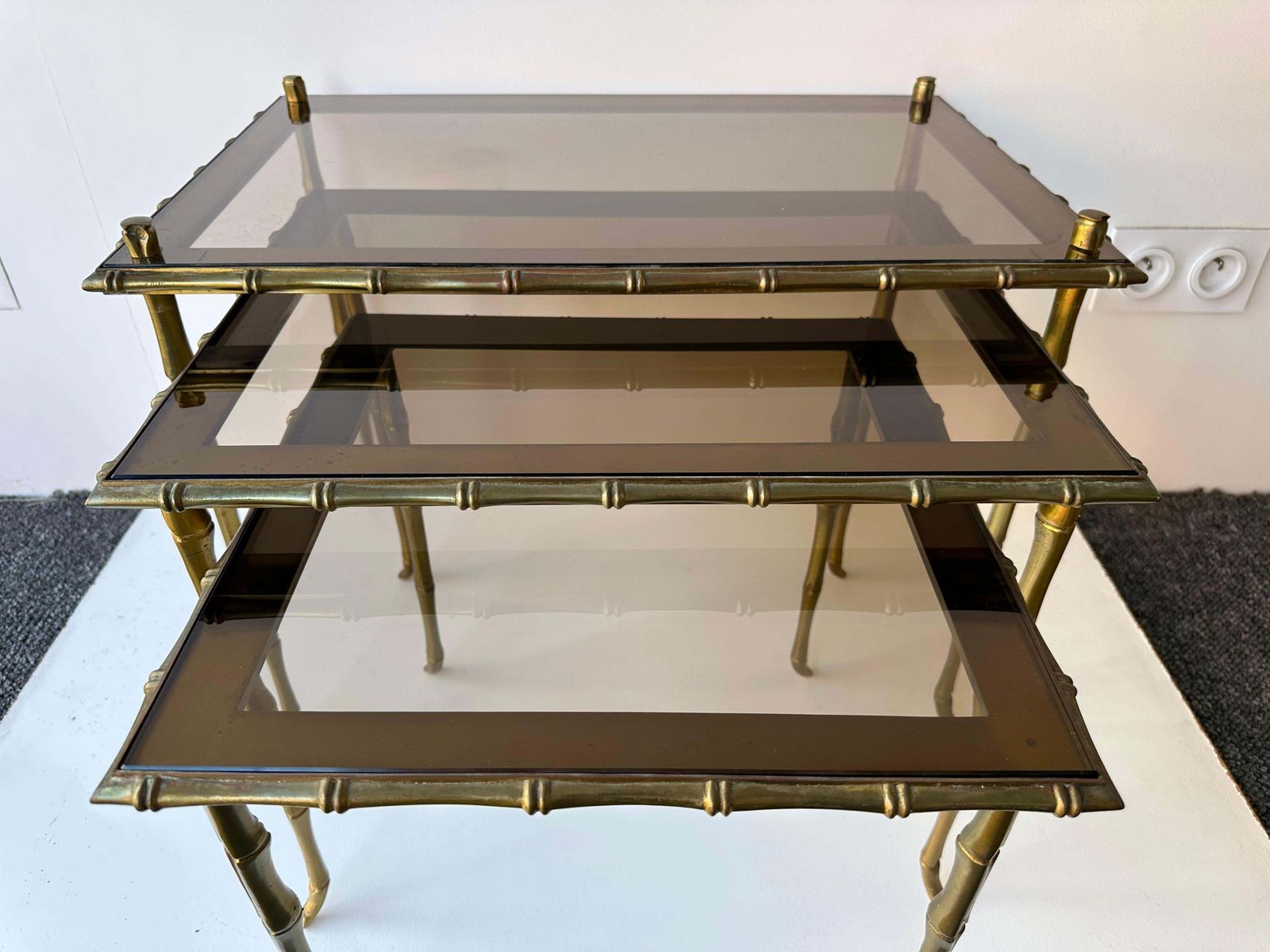Set Of 3 Nesting Tables Bamboo Gilt Bronze By Maison Baguès. France, 1960s photo buy