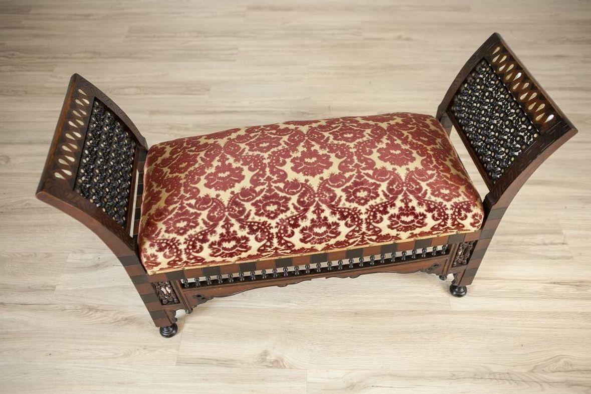 Antique 19th Century Bench Made Of Exotic Wood In Dark Brown, Upholstered photo Furniture