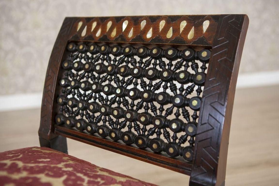photo furniture Antique 19th Century Bench Made Of Exotic Wood In Dark Brown, Upholstered