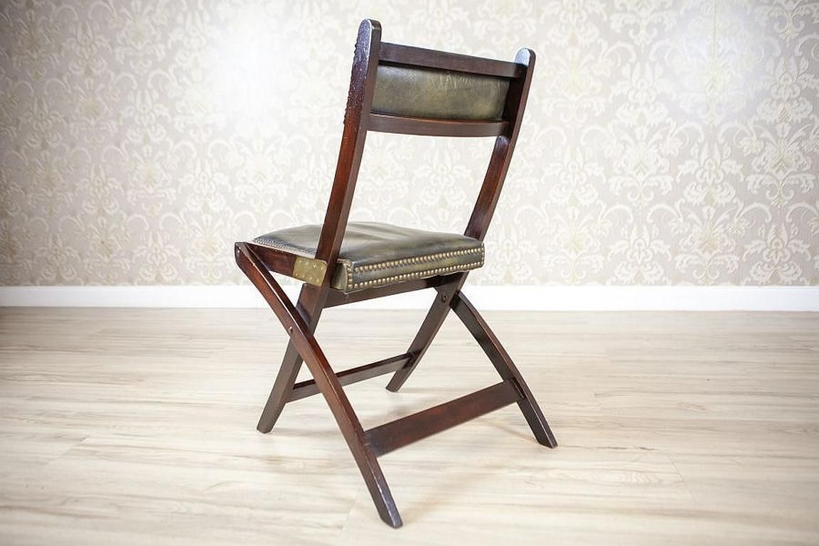 20th Century Walnut Folding Chair Upholstered With Dark Green Leather photo vinterior