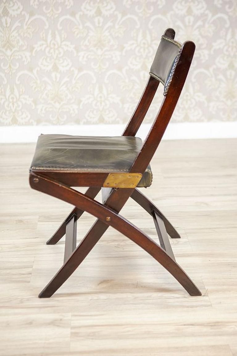 20th Century Walnut Folding Chair Upholstered With Dark Green Leather photo buy