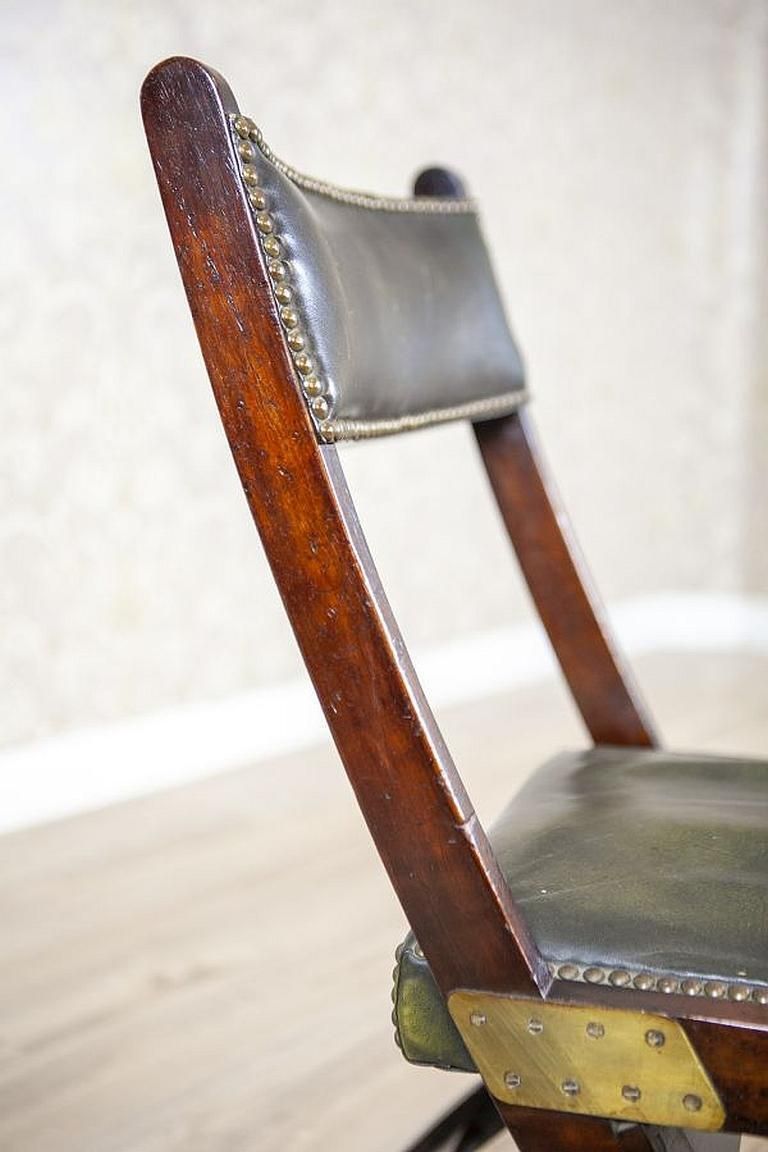 photo for sale 20th Century Walnut Folding Chair Upholstered With Dark Green Leather