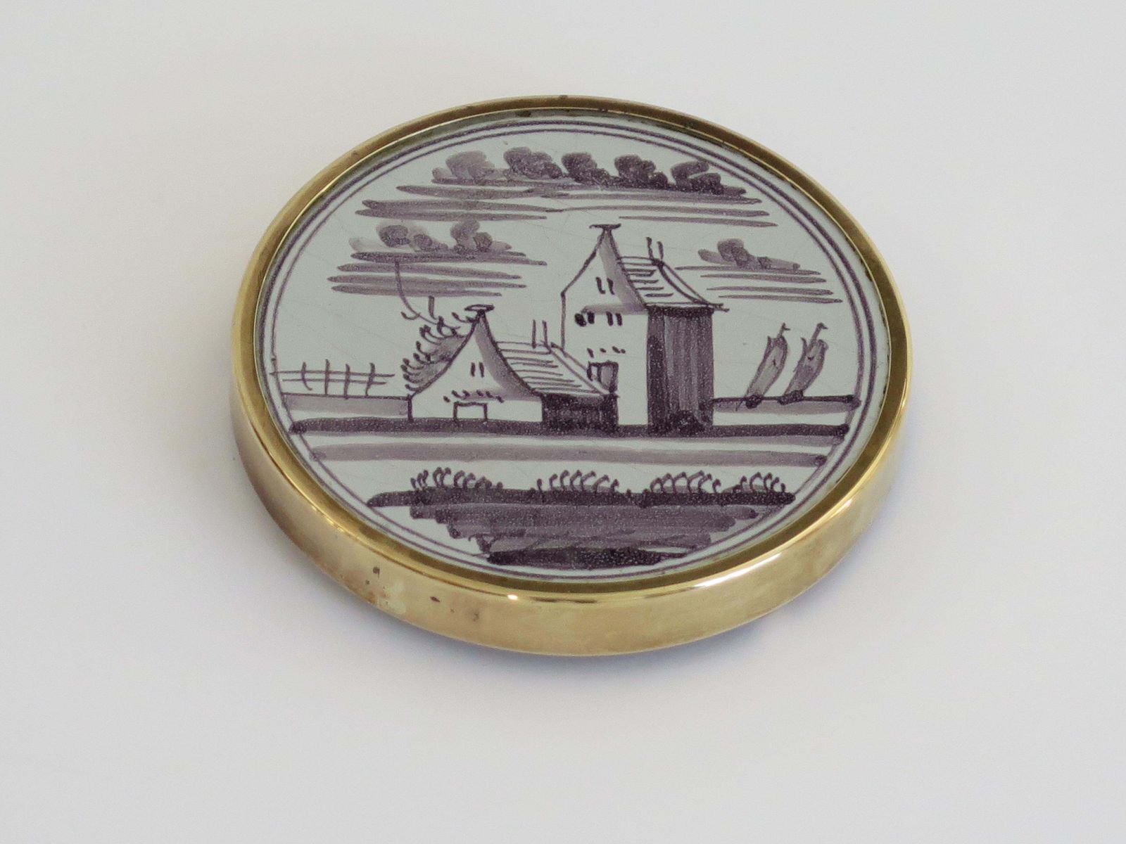 Antique 18th C Delft Manganese Tile Stand In Brass Frame With Bun Feet, Ca 1760 photo furniture