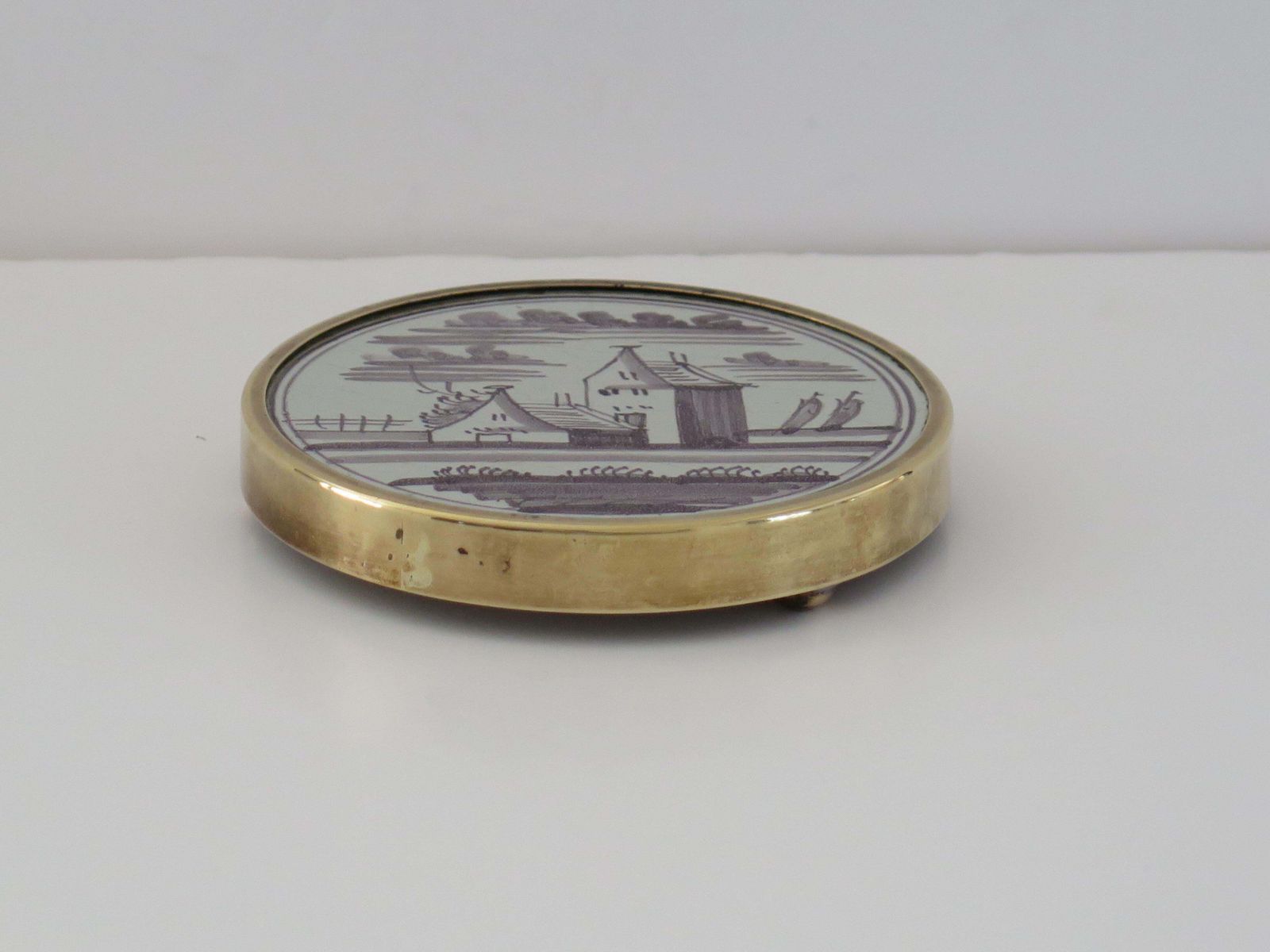 Antique 18th C Delft Manganese Tile Stand In Brass Frame With Bun Feet, Ca 1760 photo for sale