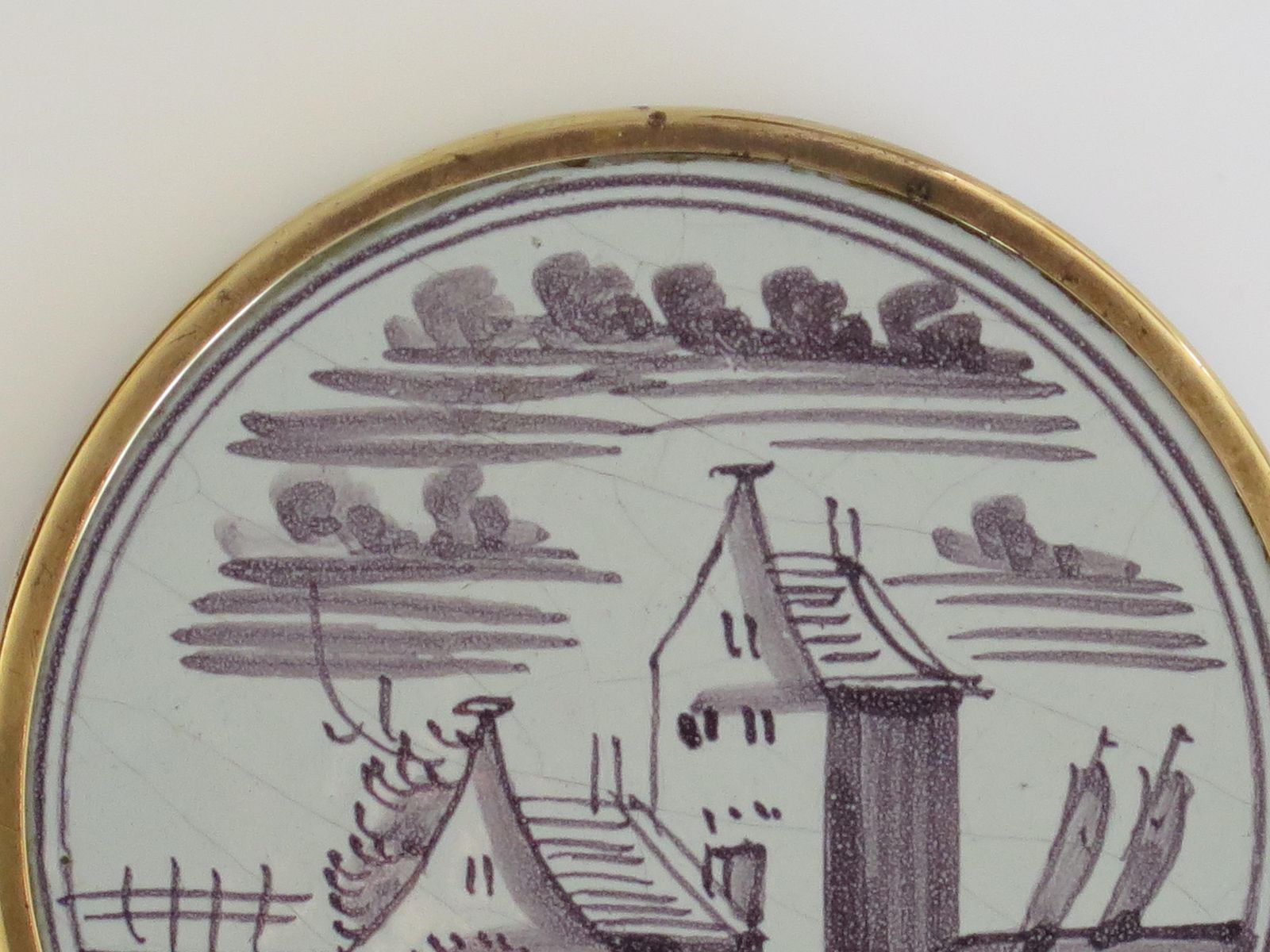 Antique 18th C Delft Manganese Tile Stand In Brass Frame With Bun Feet, Ca 1760 photo buy