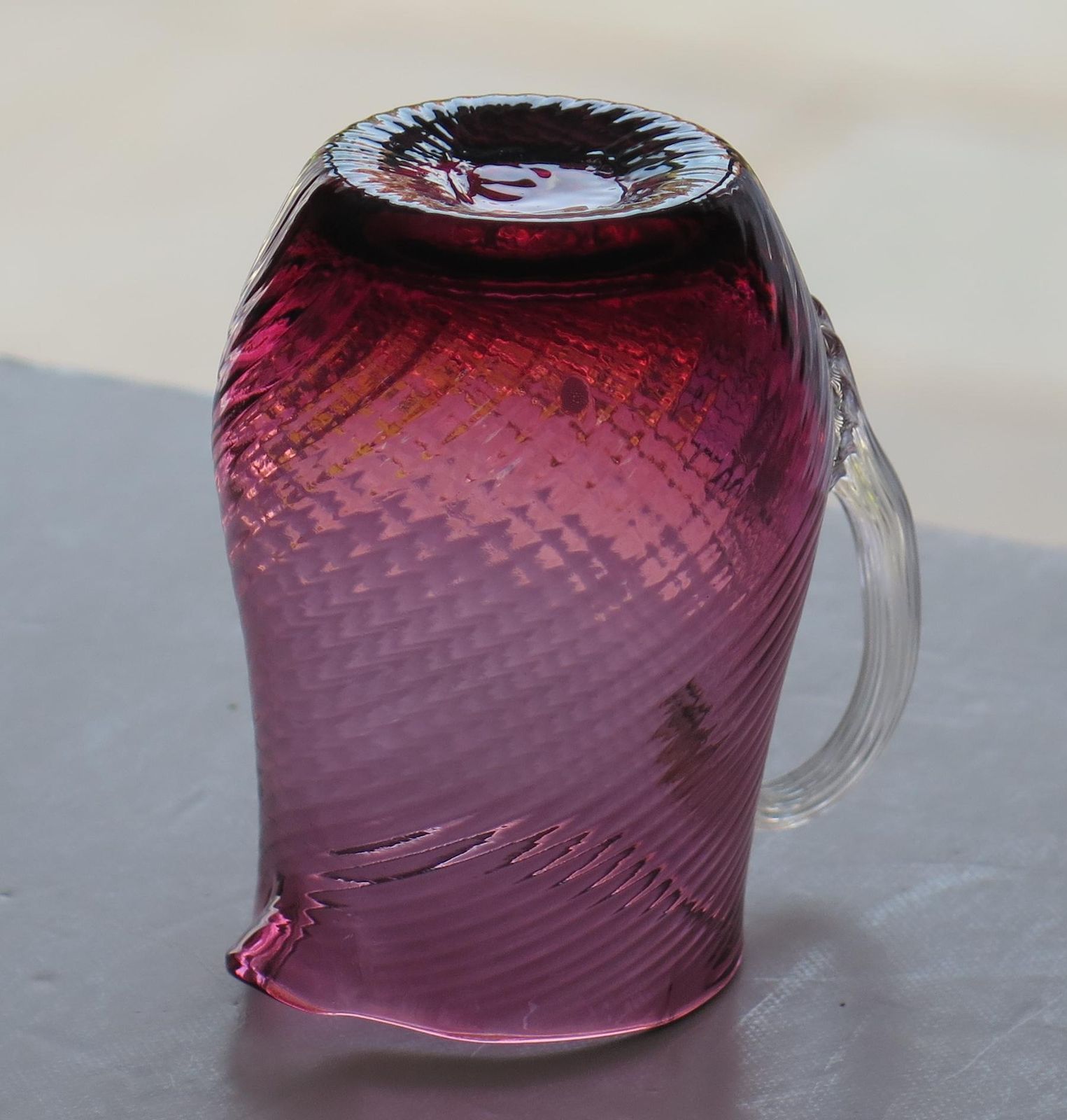 photo furniture Victorian Cranberry Glass Cream Jug Wrythen Moulded Detail, English Circa 1870