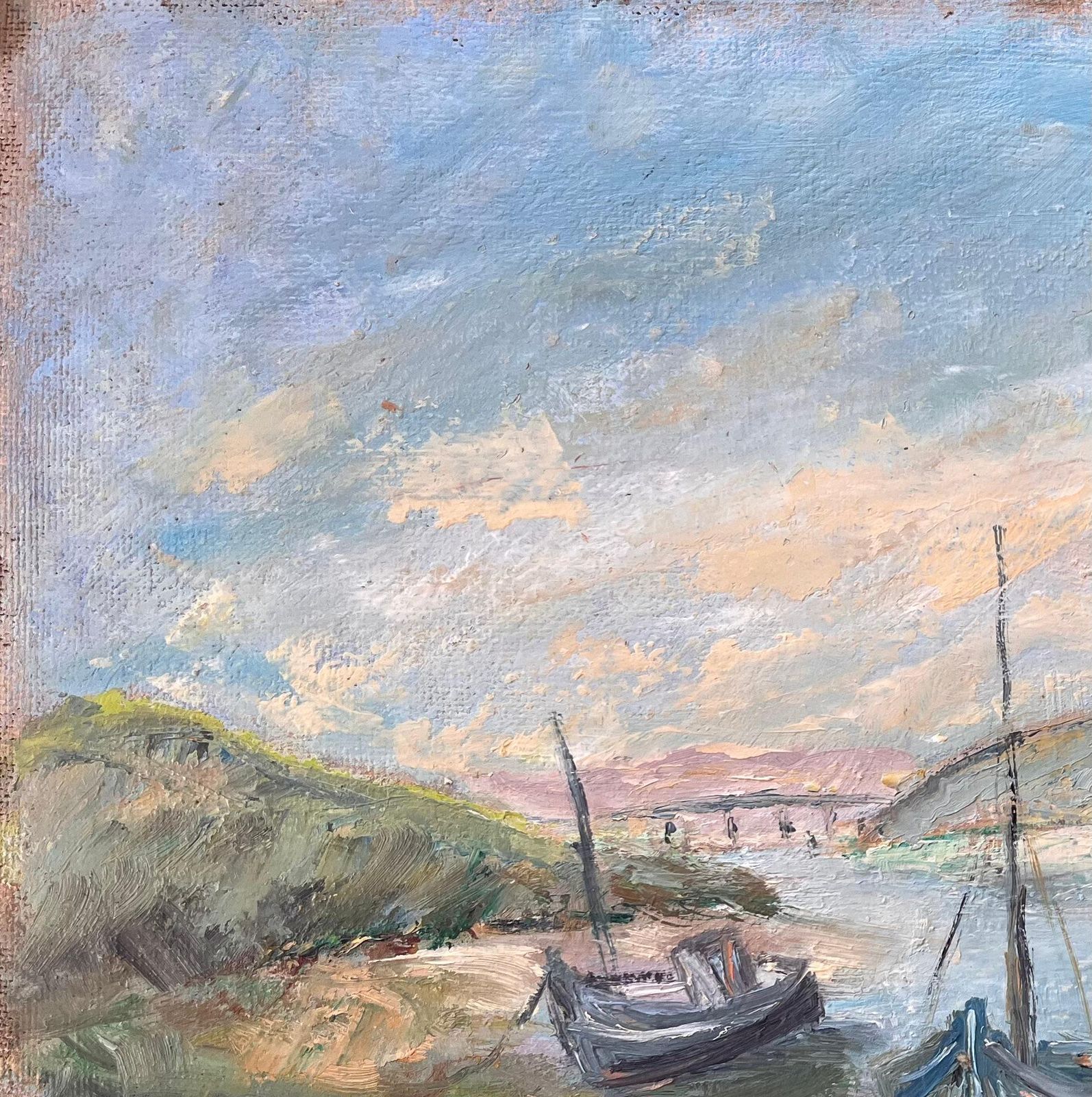 French Impressionist Painting Of Moored Boats And Coastal Riverbank photo Art