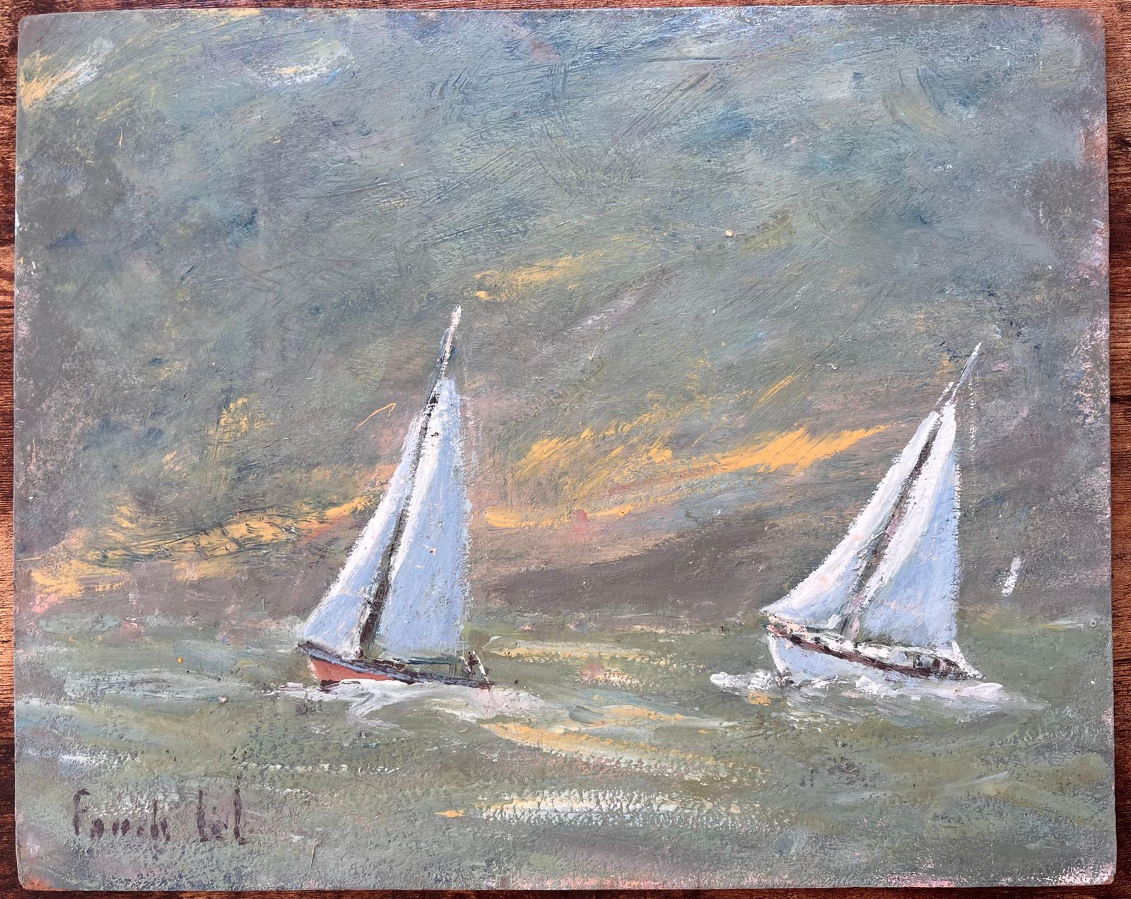 French Impressionist Seascape With Two White Sailed Boats At Sunset photo furniture