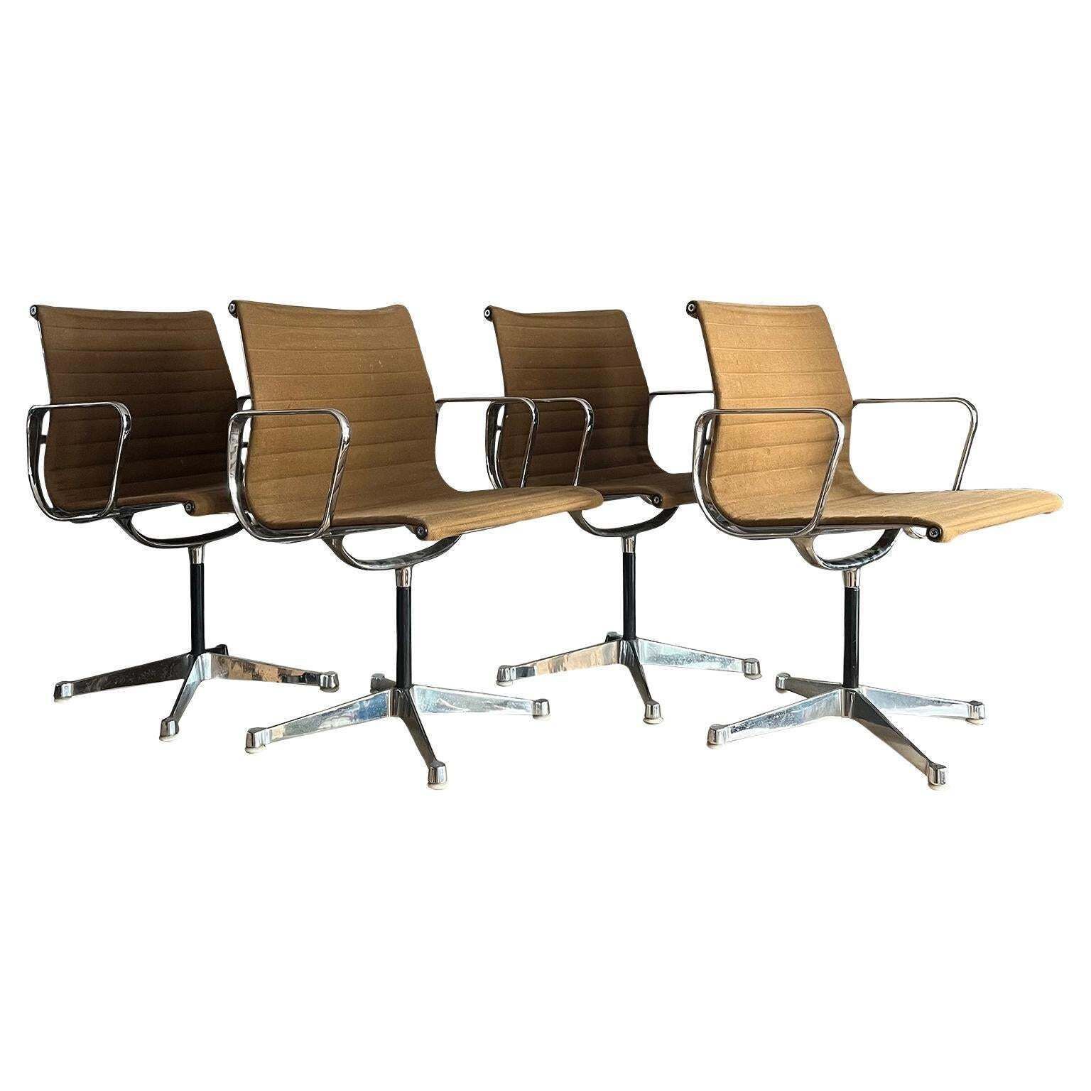 Set Of Four First Chrome Base Ea 107, Brown Hopsack Upholstery By Herman Miller