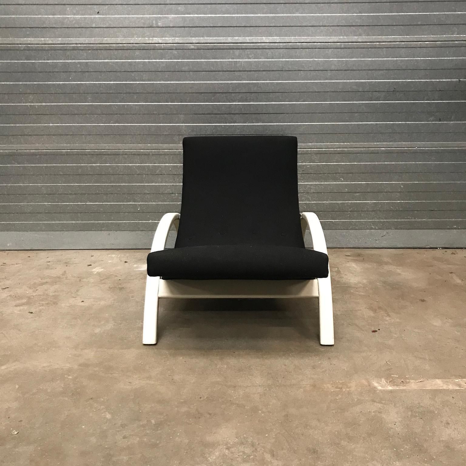 photo for sale Elegant Infinitely Adjustable Easy Chair In Black Fabric & White Wood Circa 1960