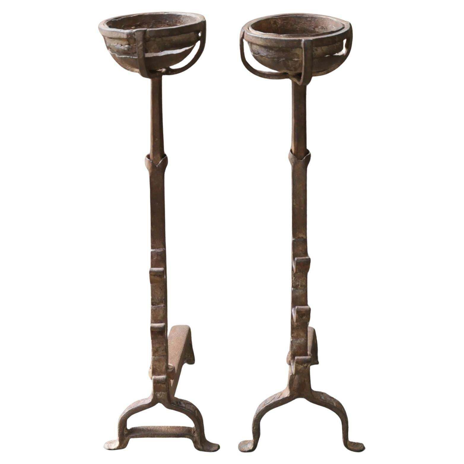 Hand Forged French Gothic Andirons Or Firedogs, 17th Century Period