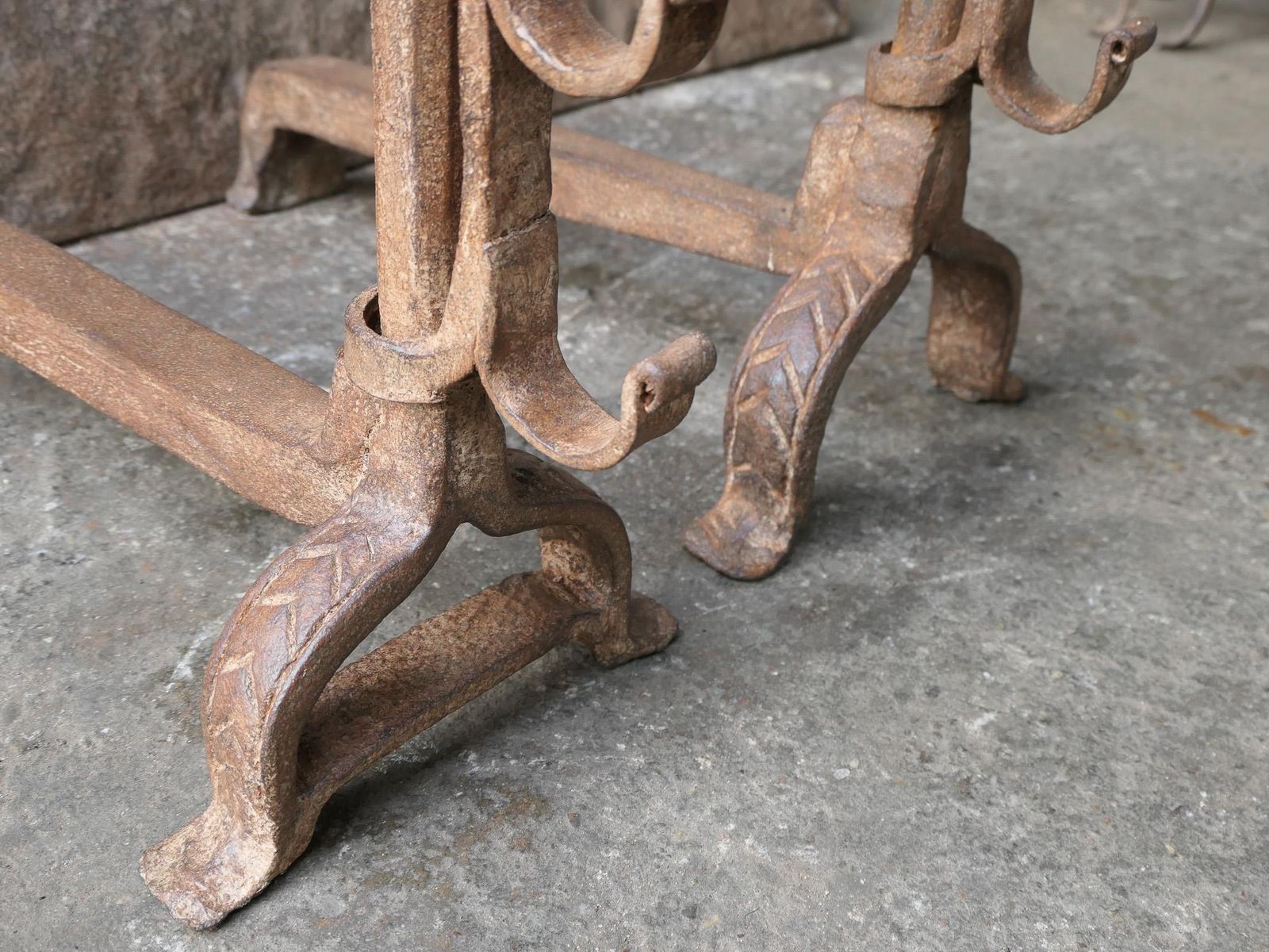 Hand Forged French Gothic Andirons Or Firedogs, 17th Century Period photo buy