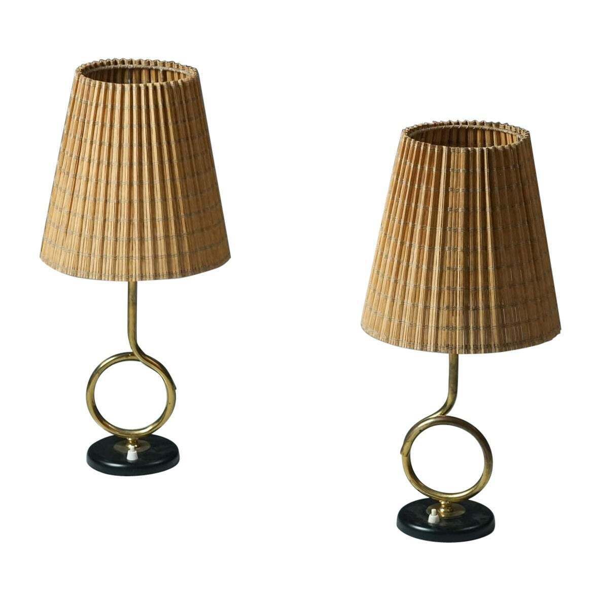 Pair Of Rare Table Lamps With Wooden Slat Shades, Valinte Oy, 1950s