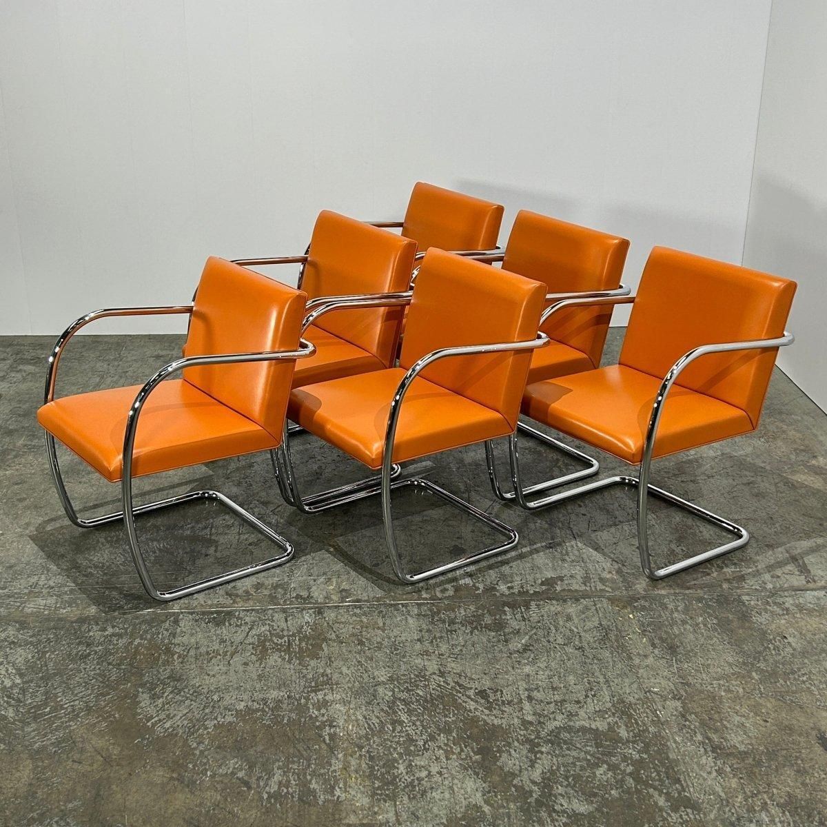 photo furniture Knoll Brno Tubular Tan Orange Leather Chair By Ludwig Mies Van Der Rohe, Set (6)