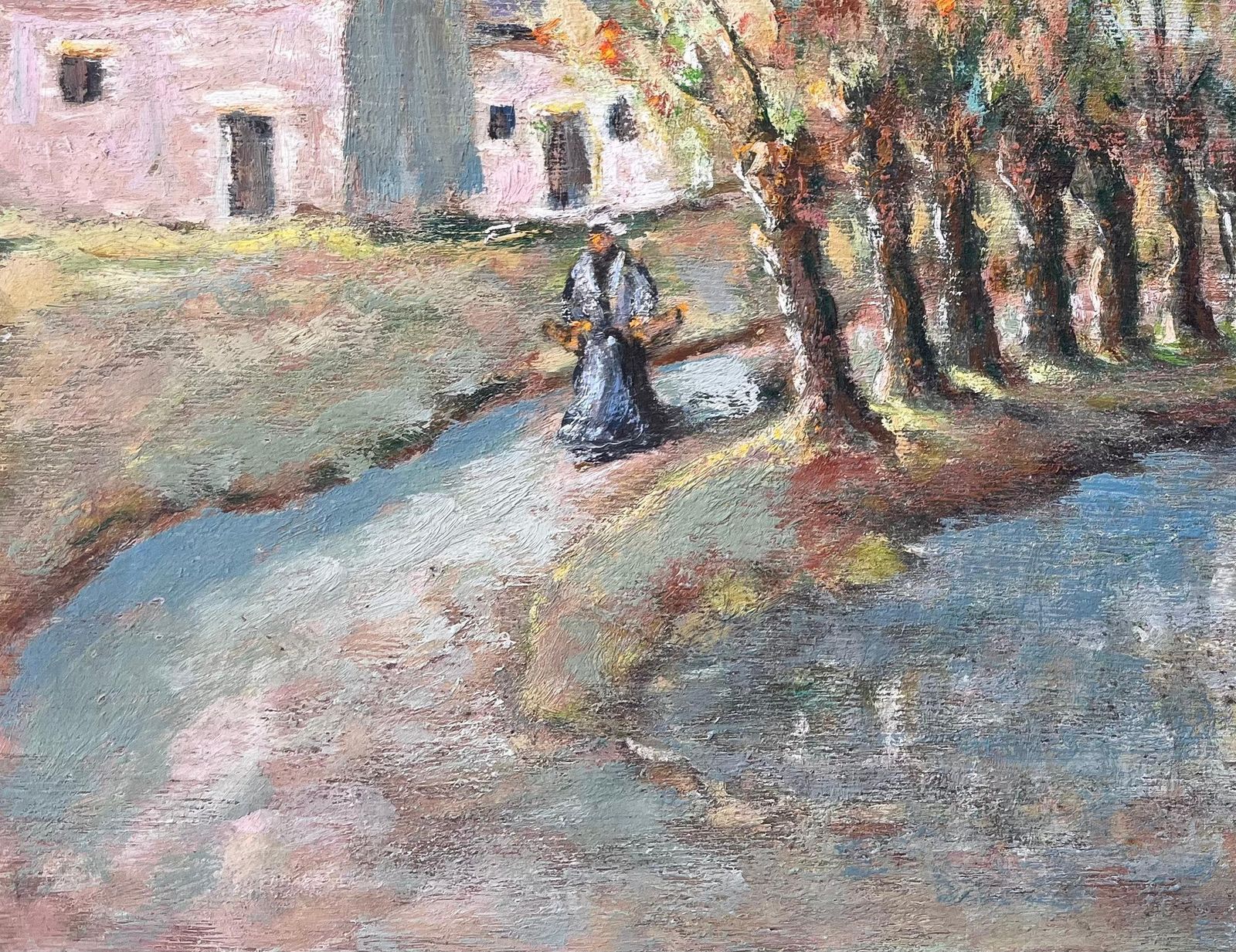French Countryside Painting Of Tree Lined Pond And Village Path With Figure photo Art