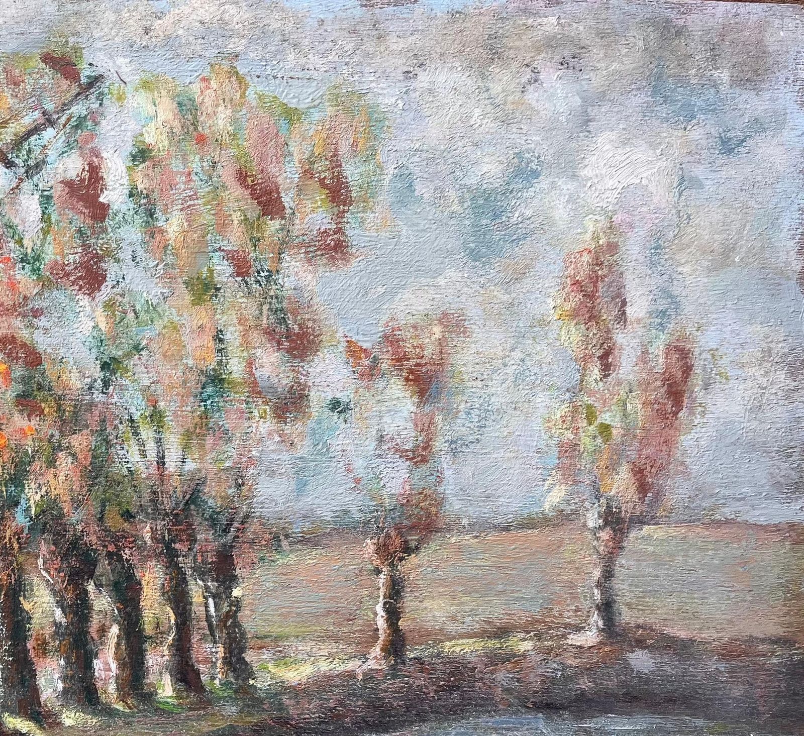 French Countryside Painting Of Tree Lined Pond And Village Path With Figure photo 515.0