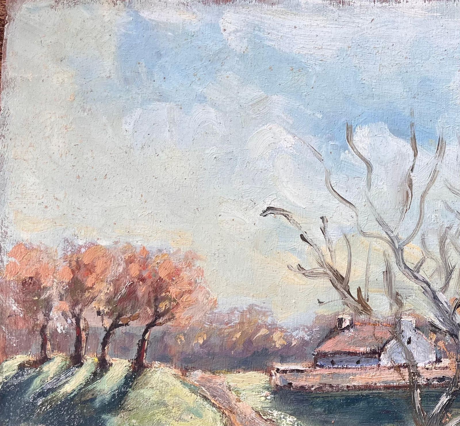 Fanch Lel French Countryside Landscape Oil Of Farmhouse Path And Pollarded Trees By River photo vinterior