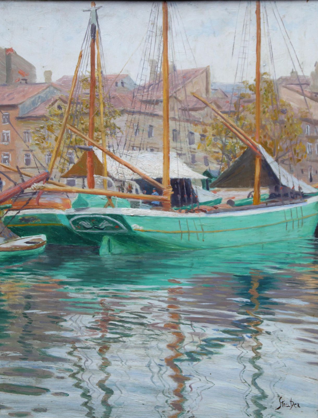 photo for sale Roland Strasser  Harbour Scene Jakarta   Marine Art Oil Painting 1920 Indonesia Bugis Boatscirca 1920