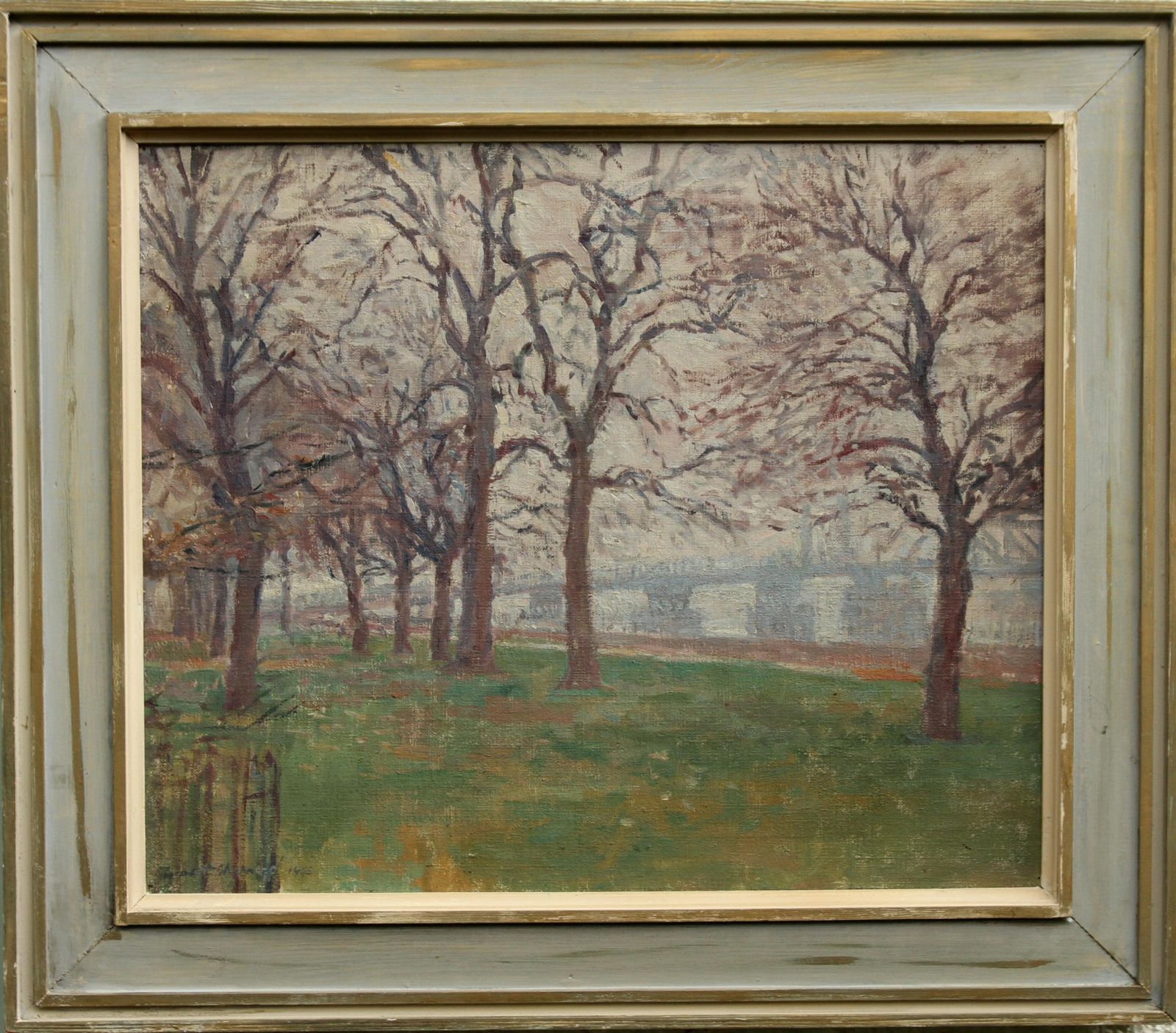 4079.0 Rupert Shephardbattersea Park London   British 40's Impressionist Oil Landscape Thames Bridge1945 photo