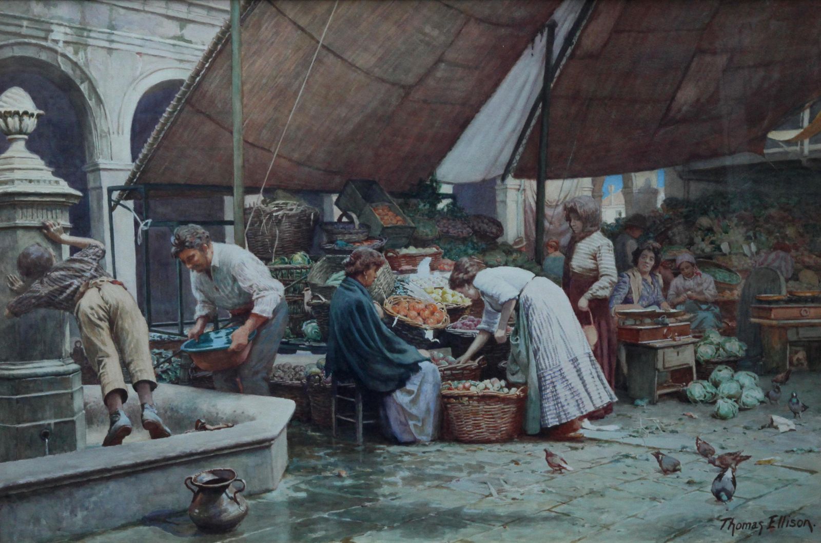 Thomas Ellisonthe Market Place Venice   British Victorian Art Watercolour Painting Italycirca 1900 photo furniture
