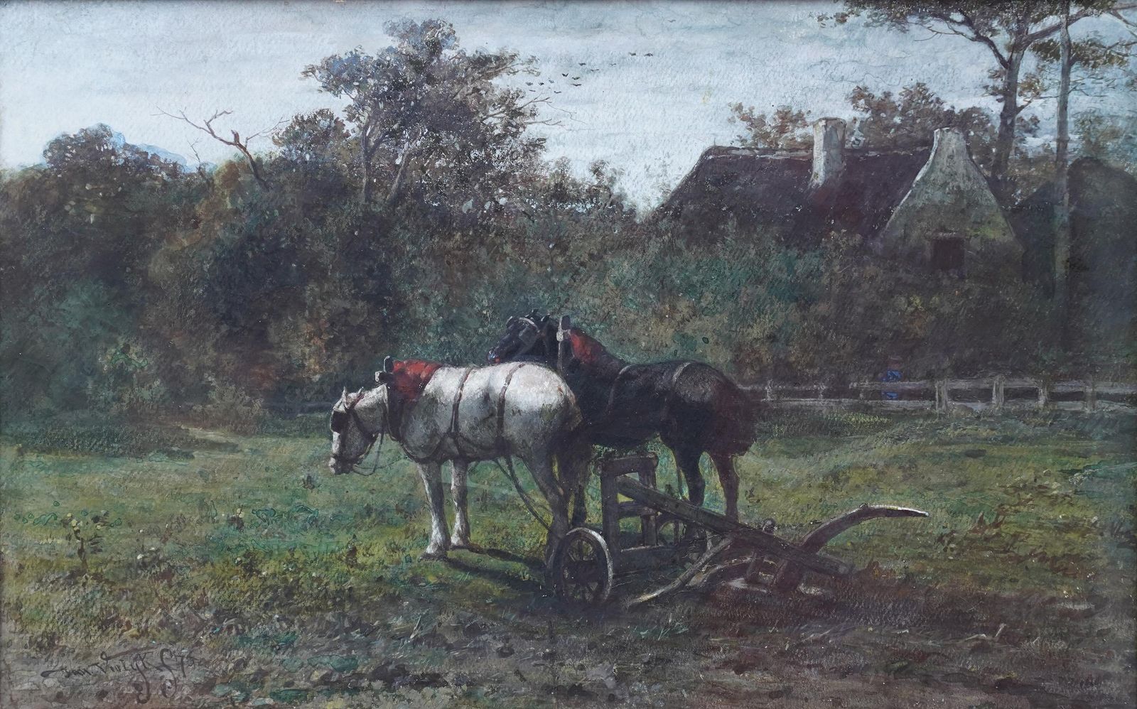 Johannes Martinus Vrolykworking Horses In A Landscape   Dutch Victorian Animal Art Equine W/C Painting1875 photo furniture