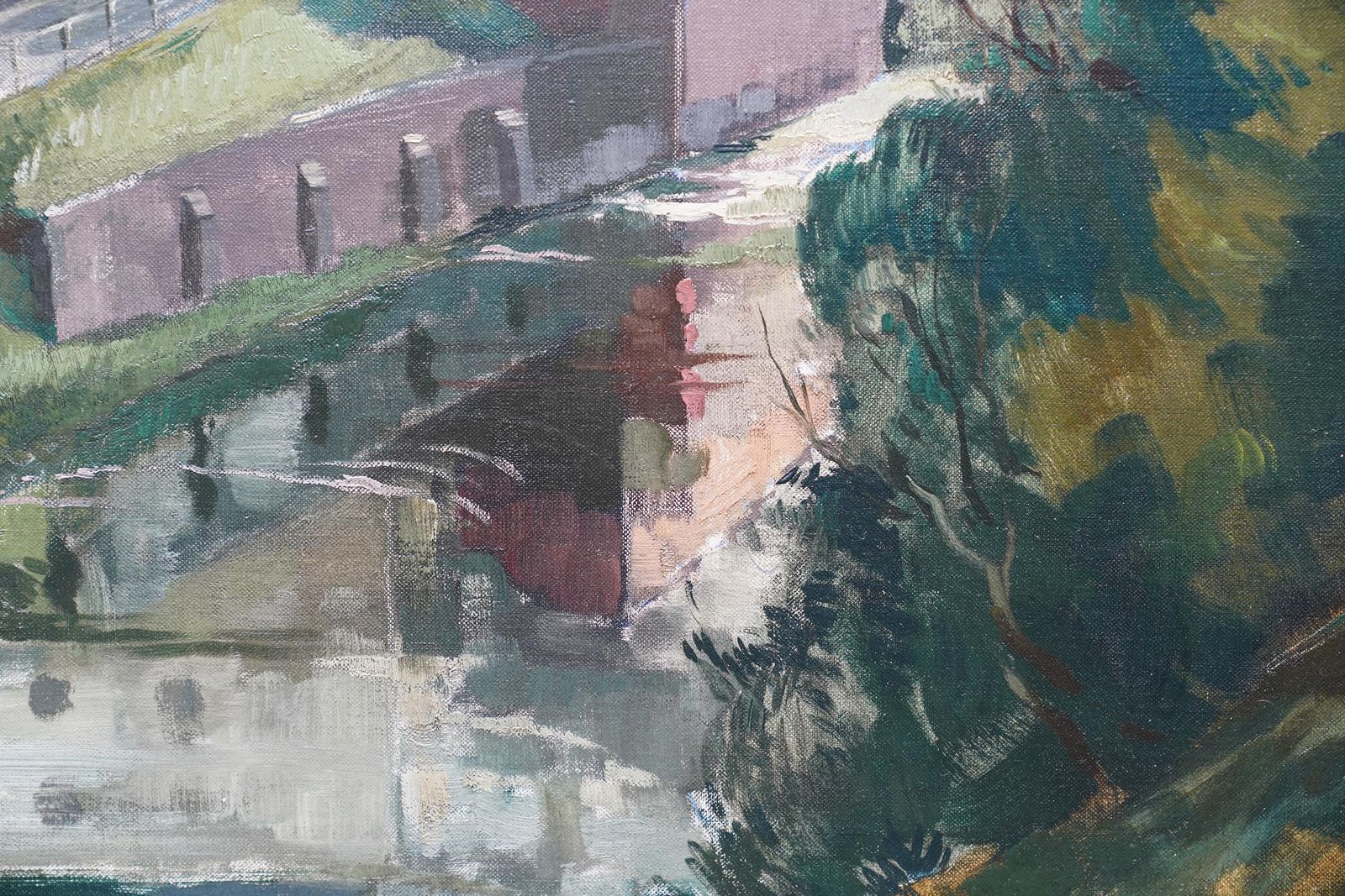 Harry Jefferson Barnesglasgow West End River Kelvin Townscape   Scottish 1950's Landscape Oil Paintingcirca 1950 photo vinterior