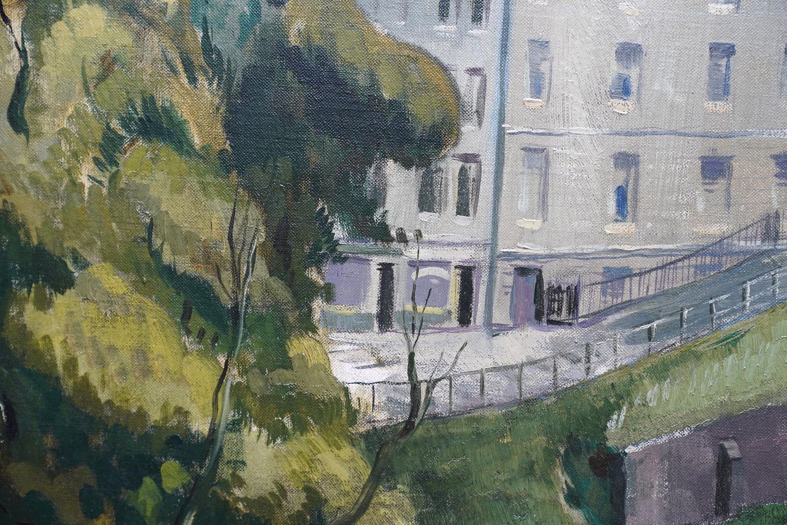 Harry Jefferson Barnesglasgow West End River Kelvin Townscape   Scottish 1950's Landscape Oil Paintingcirca 1950 photo vintage