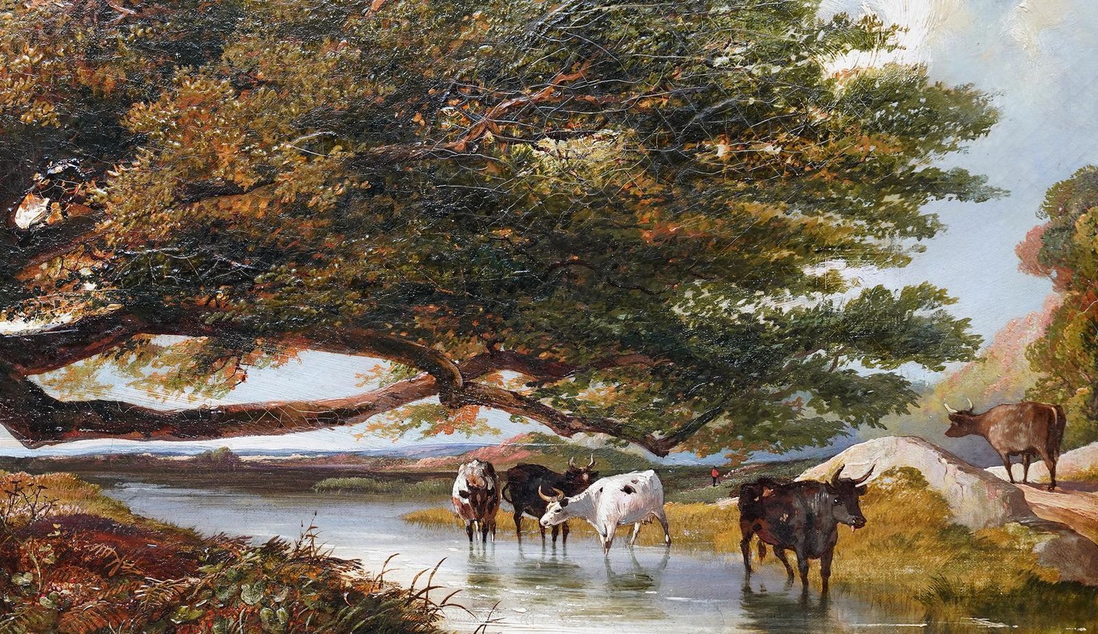 Cattle Watering In A Landscape   British 19th Century Art Victorian Oil Paintingcirca 1855 photo for sale