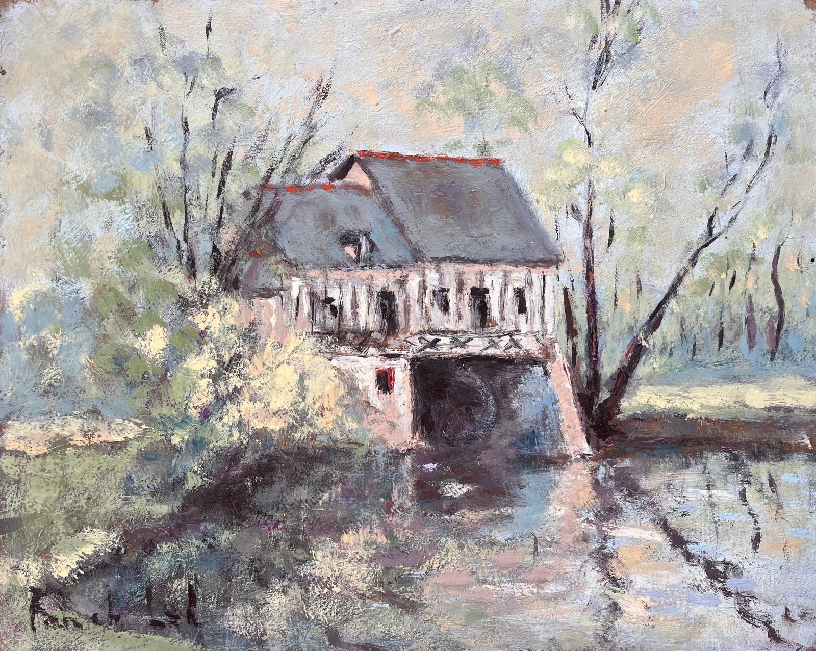 Fanch Lel French Impressionist Oil Of Riverside Mill House With Trees And Reflections