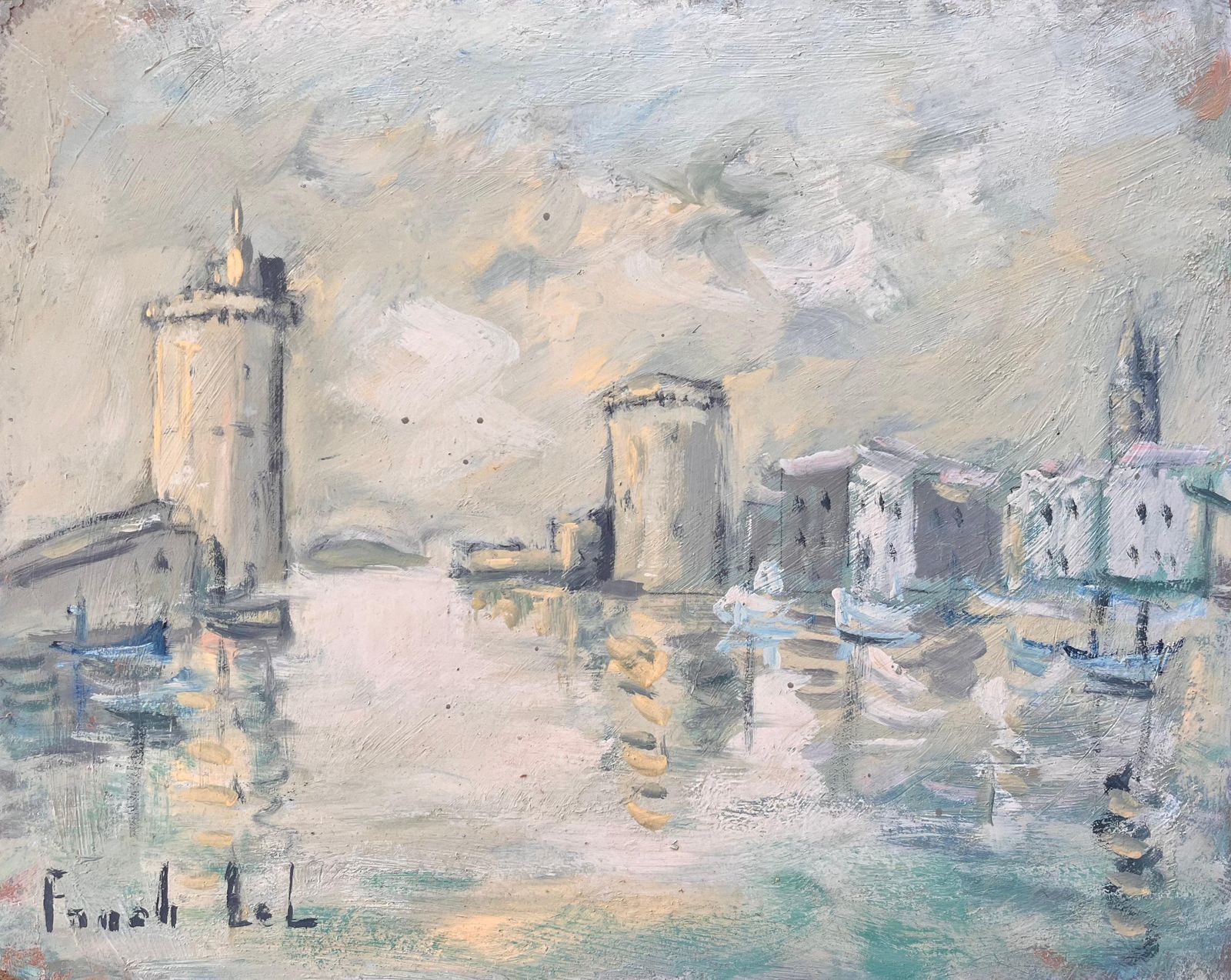 Fanch Lel French Impressionist Port Scene Of La Rochelle Towers And Boats In Harbour
